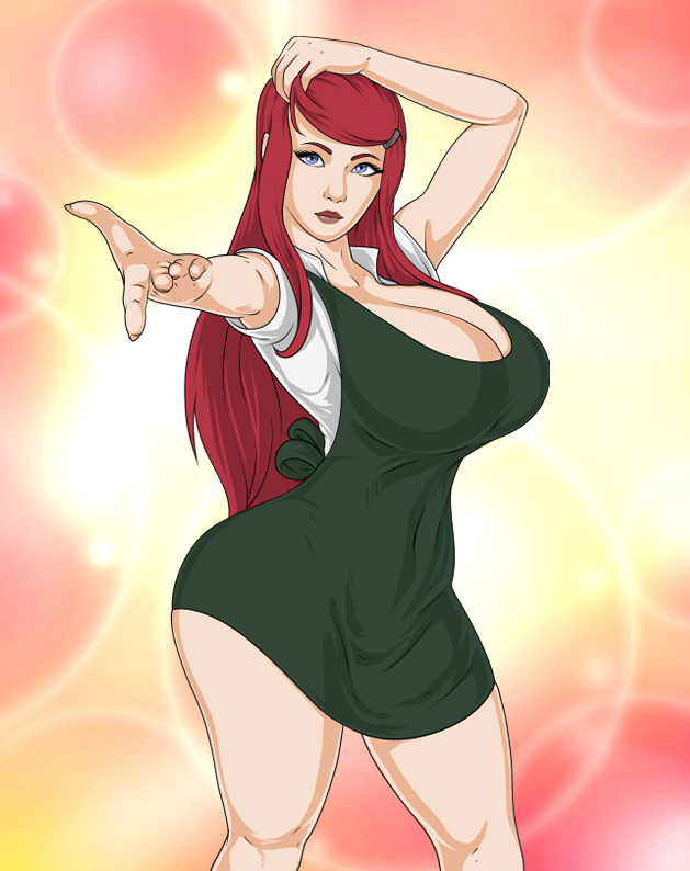 1girls, big breasts, breasts, busty, center opening, clothed, clothed female, clothing, dress shirt, eyelashes, eyeliner, female, female only, hair growth, hair ornament, hairclip, hand on head, hourglass figure, huge breasts, human, light skin, light-skinned female, lipstick, long hair, looking at viewer, makeup, milf, naruto, naruto (series), naruto shippuden, nevraart, no underwear, paipan, pale skin, pale-skinned female, pinup, purple eyes, red hair, shirt, solo, standing, thick thighs, uzumaki kushina, voluptuous, wide hips