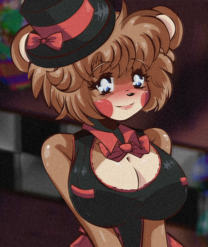 bear bear_girl big_breasts blue_eyes blush blushing bow bowtie breast brown_hair clothed clothing female female_only five_nights_at_freddy's five_nights_in_anime freddy_(fnaf) hands_together mairusu-paua no_bra top_hat