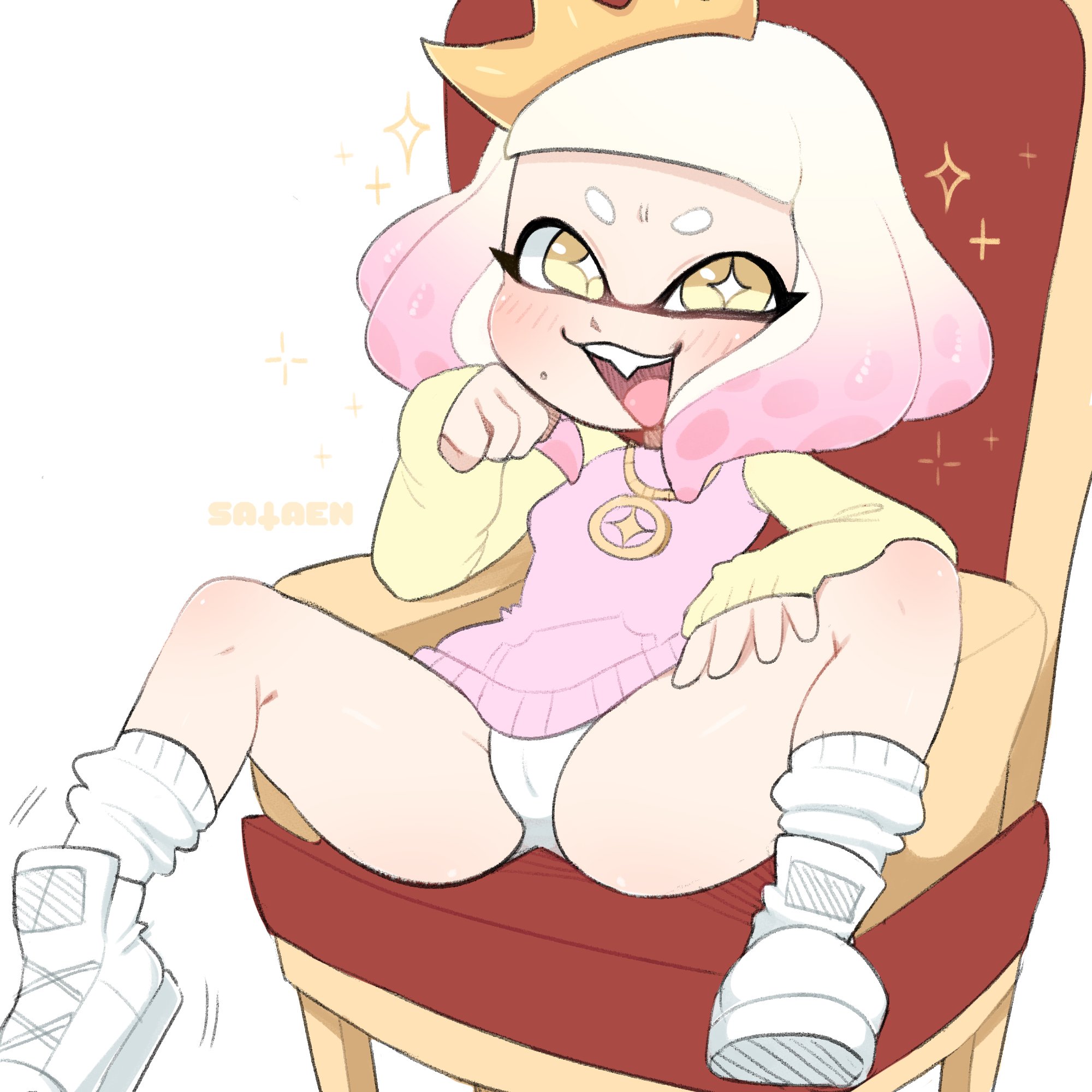 :3, blush, female, inkling, looking at viewer, necklace, nintendo, panties, pearl (splatoon), pussy, sataenart, smiling, solo, solo female, splatoon, spread legs, tentacle hair, throne, white panties