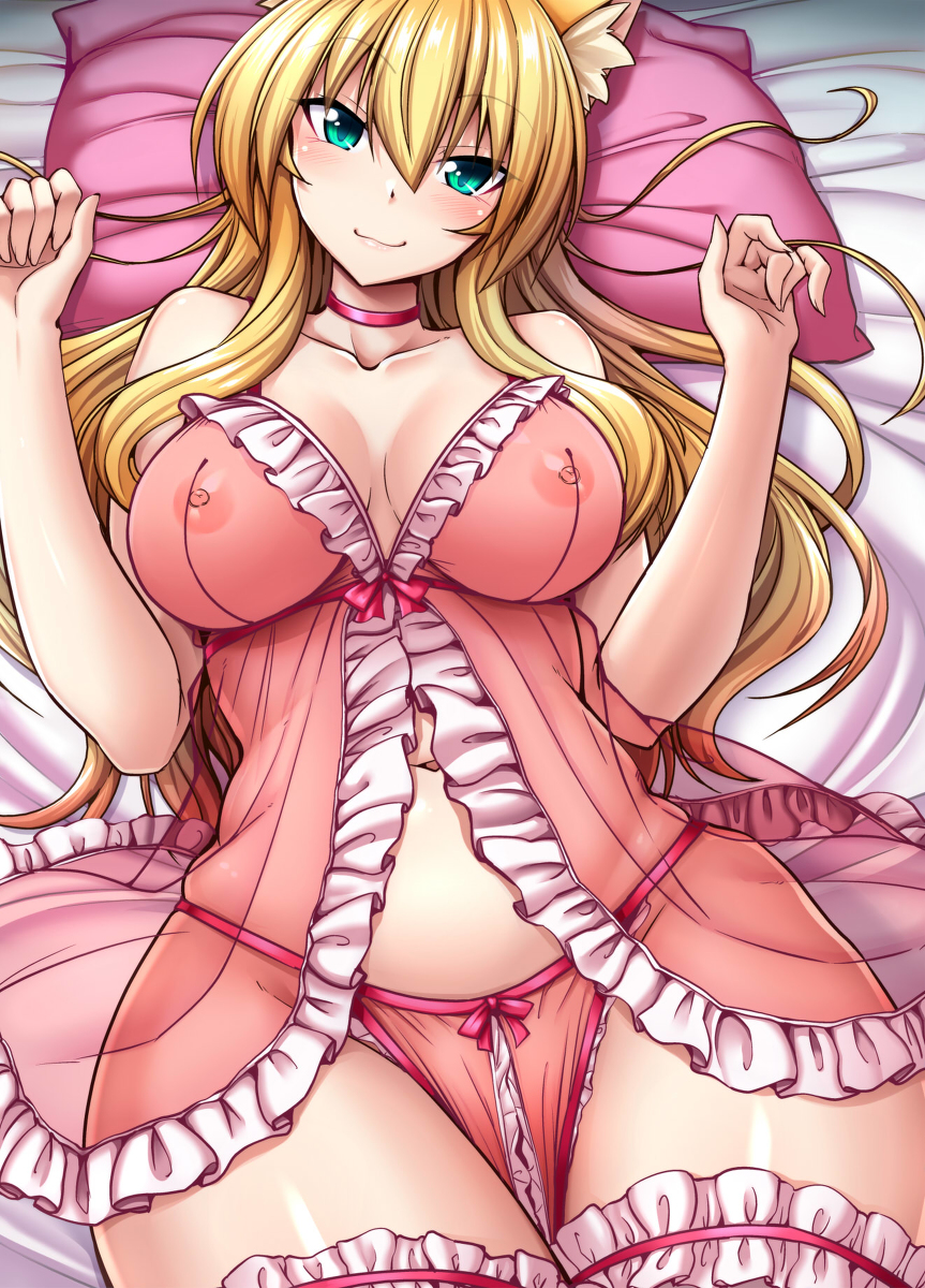 animal_ears babydoll blonde_hair blush breasts cat_ears choker crotchless_panties green_eyes lingerie looking_at_viewer navel negligee nipples nokoppa on_back original panties pink_panties tagme thighhighs thighs