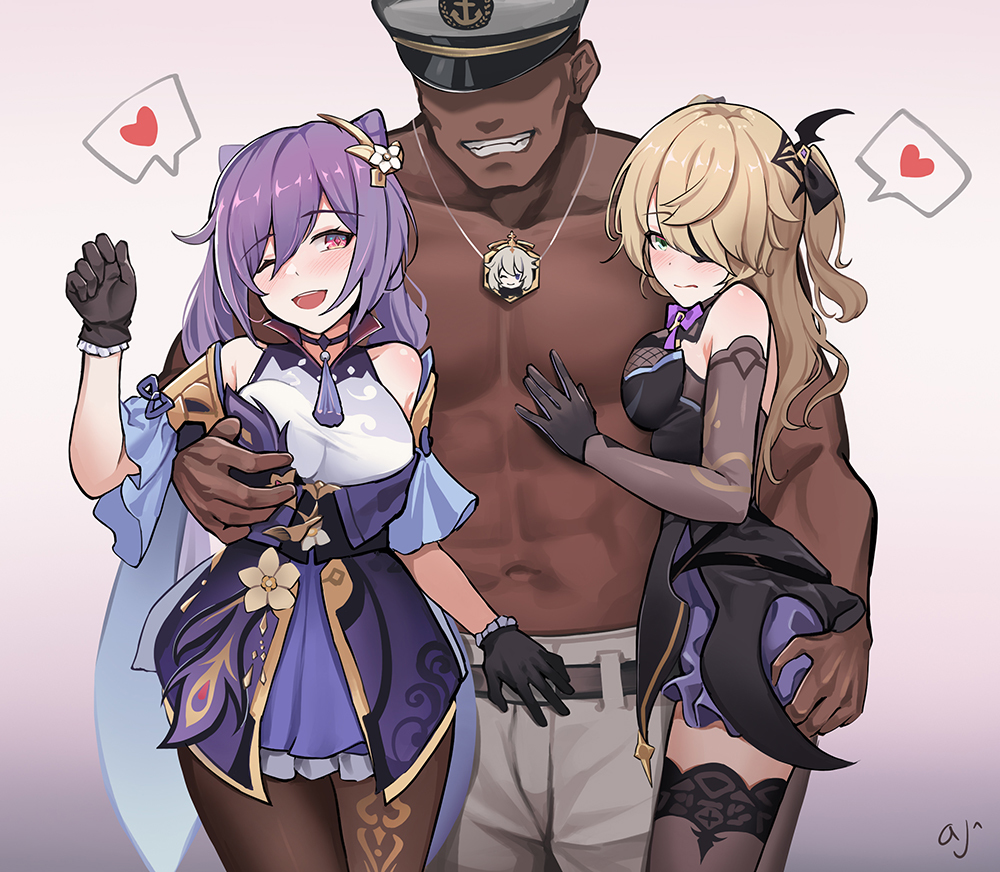 1boy 2021 2girls ark_john_up ass_grab blonde_hair blush breast_grab breasts captain_(honkai_impact) crossover dark-skinned_male fischl_(genshin_impact) genshin_impact groping heart honkai_impact_3rd keqing_(genshin_impact) lingerie necklace paimon_(genshin_impact) pimp purple_hair shy