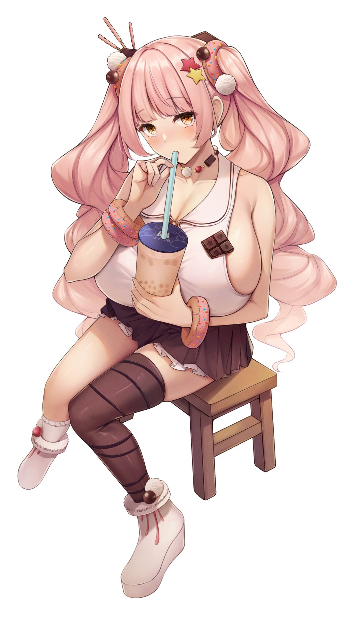 1girls, bangs, beverage, breasts, brown skirt, candy, chocolate, cleavage, doughnut, drinking, eyebrows visible through hair, female, fou zi, hair ornament, huge breasts, large breasts, long hair, looking at viewer, mismatched legwear, necklace, original, original character, paintcan, pink hair, pocky, sideboob, sidelocks, sitting, skirt, tank top, twintails, white background, yellow eyes