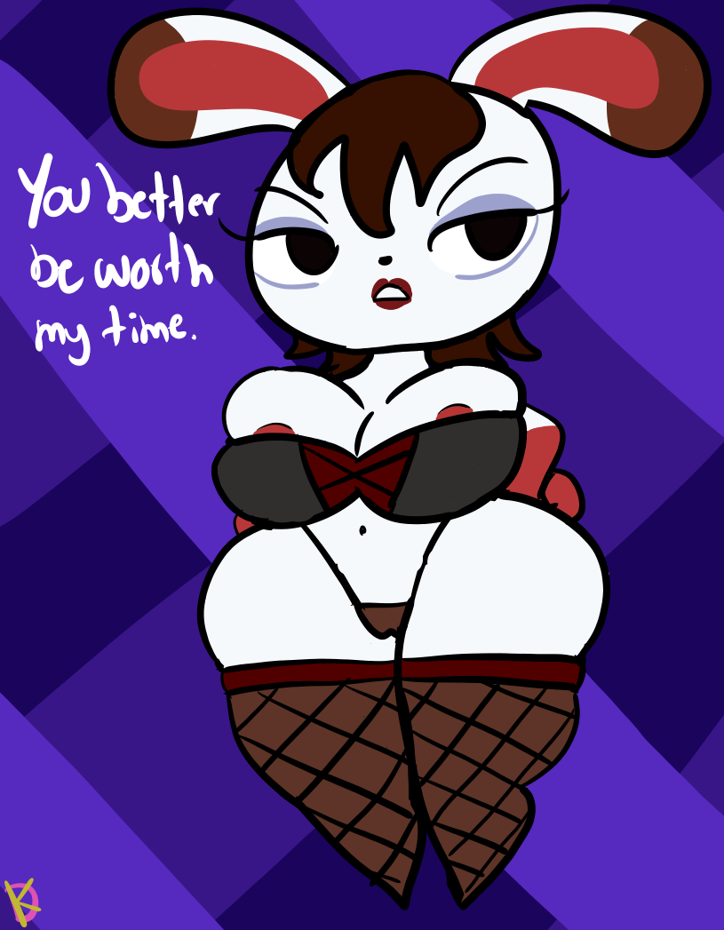 1girls 2019 animal_crossing big_breasts brown_hair fishnets furry klutzatdusk nintendo rabbit tiffany_(animal_crossing) white_fur