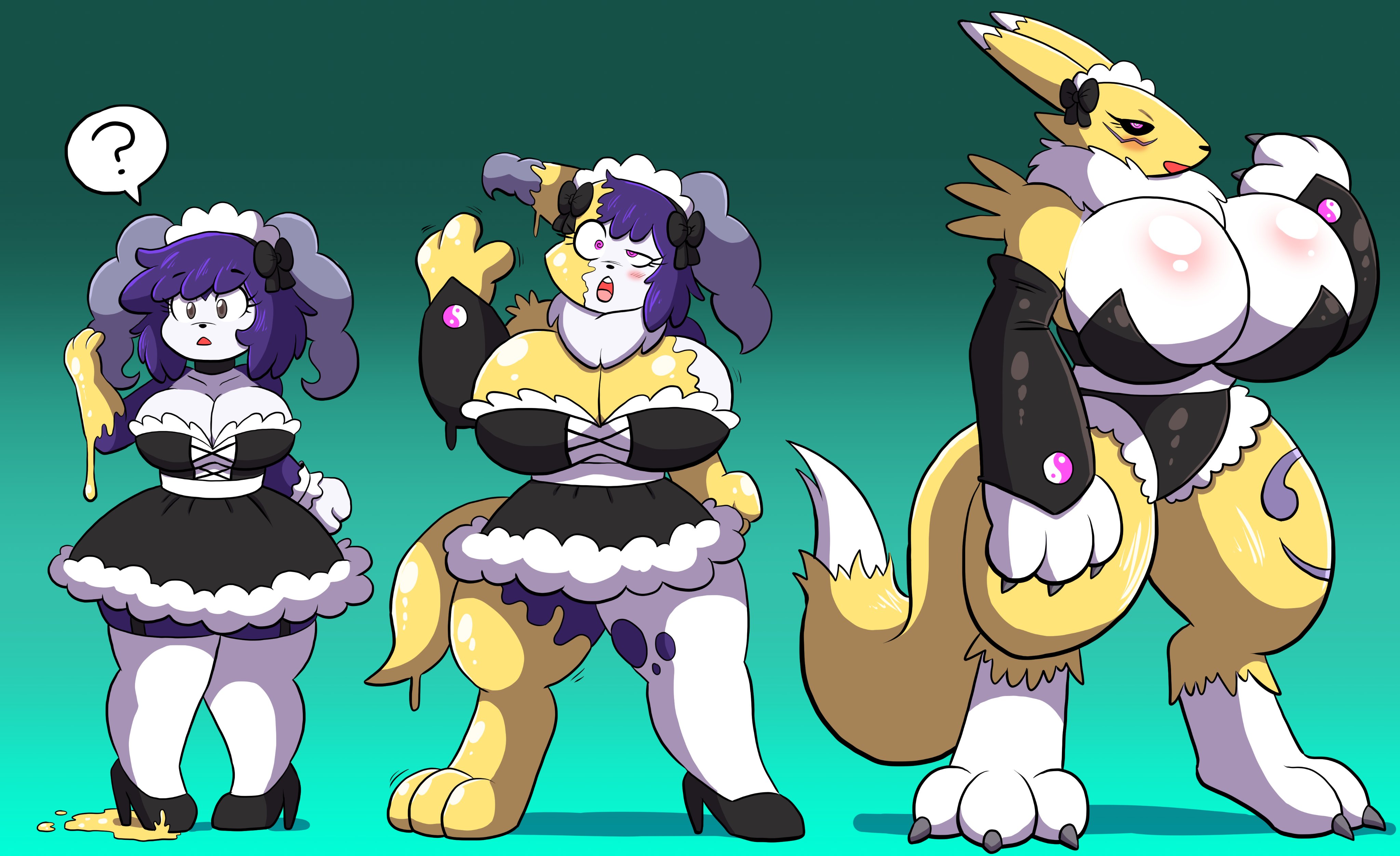 bimbo, bimbofication, brainwashing, breast expansion, breast growth, breast growth (enlargement), breasts, comic, crossover, digimon, female, furry, goo transformation, identity death, indeedee, maid, pokemon, prinnydood, renamon, tagme, transformation, transformation sequence