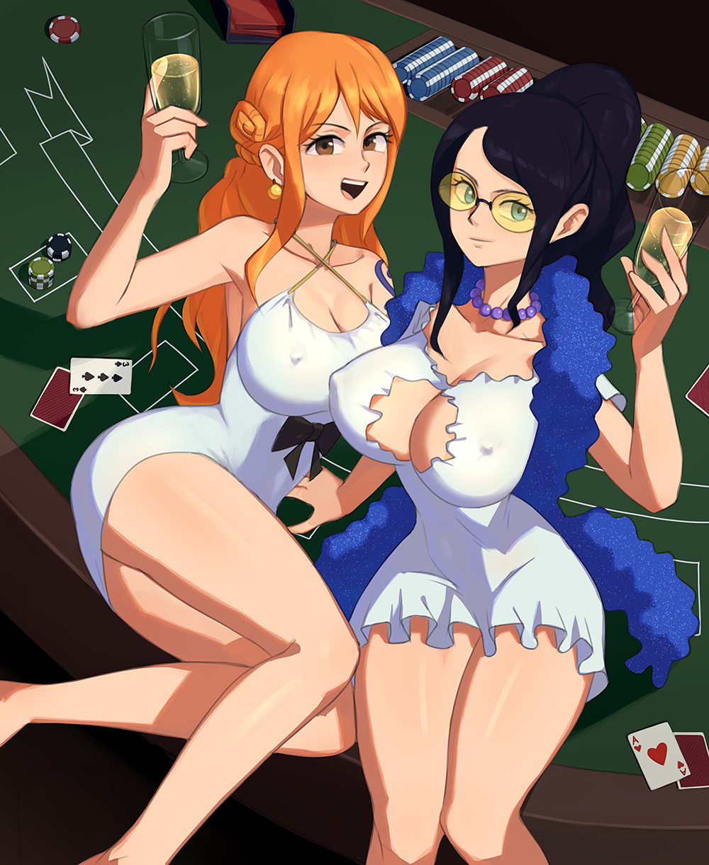 2girls alcohol barleyshake black_hair blue_eyes brown_eyes bulge cleavage cleavage_cutout detached_sleeves dress earrings female female_only fur_scarf glasses jewelry medium_hair nami necklace nico_robin nipple_bulge one_piece one_piece_film_gold open_smile orange_hair ponytail post-timeskip sidelocks sleeveless smile sunglasses tinted_eyewear wine_glass yellow-tinted_eyewear