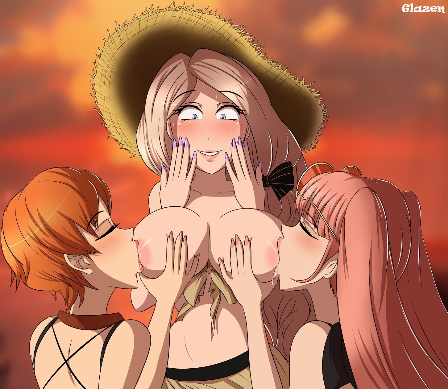 3girls, alternate costume, bare shoulders, bikini, blonde hair, blue eyes, blush, breast grab, breast sucking, breasts, breasts out, brown bikini, brown swimsuit, closed eyes, double breast sucking, female, female only, female pervert, fff threesome, fire emblem, fire emblem heroes, fire emblem: three houses, glazinbuns, grin, hair over shoulder, happy, hilda valentine goneril, hilda valentine goneril (summer), large breasts, leonie pinelli, leonie pinelli (summer), long hair, mercedes von martritz, mercedes von martritz (summer), multiple females, multiple girls, nail polish, nintendo, orange hair, pink hair, purple nails, short hair, side ponytail, smile, sun hat, sunglasses, sunglasses on head, sweat, sweatdrop, swimsuit, threesome, twintails, yellow bikini, yellow swimsuit, yuri
