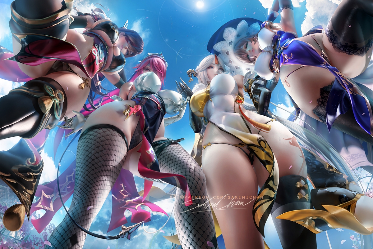 4girls, beidou (genshin impact), big breasts, breasts, cleavage, female, female only, genshin impact, large breasts, lisa (genshin impact), multiple females, multiple girls, ningguang (genshin impact), nun, rosaria (genshin impact), sakimichan, thick thighs, thighhighs