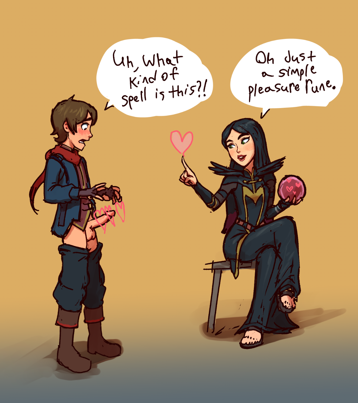 1boy, 1girls, callum (the dragon prince), cfnm, claudia (the dragon prince), female, femdom, looking at penis, magic, male, pears (artist), penis, penis out, telekinesisjob, the dragon prince