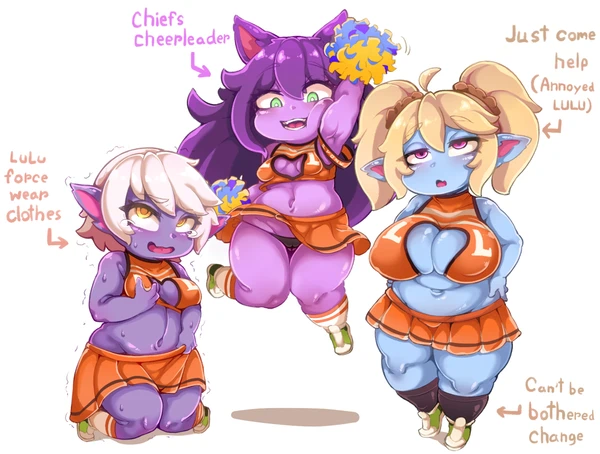 3girls, ass, big ass, big breasts, black panties, blonde hair, blush, boob window, breasts, cheerleader, cheerleader uniform, chubby, chubby female, cleavage, female, female only, green eyes, jumping, kneeling, large breasts, league of legends, long hair, lulu the fae sorceress, midriff, multiple females, multiple girls, navel, panties, pink eyes, pleated skirt, plump, poppy, purple hair, riot games, short hair, shortstack, skirt, skirt lift, socks, standing, sweat, thick thighs, thighs, tristana, white hair, yellow eyes, yordle