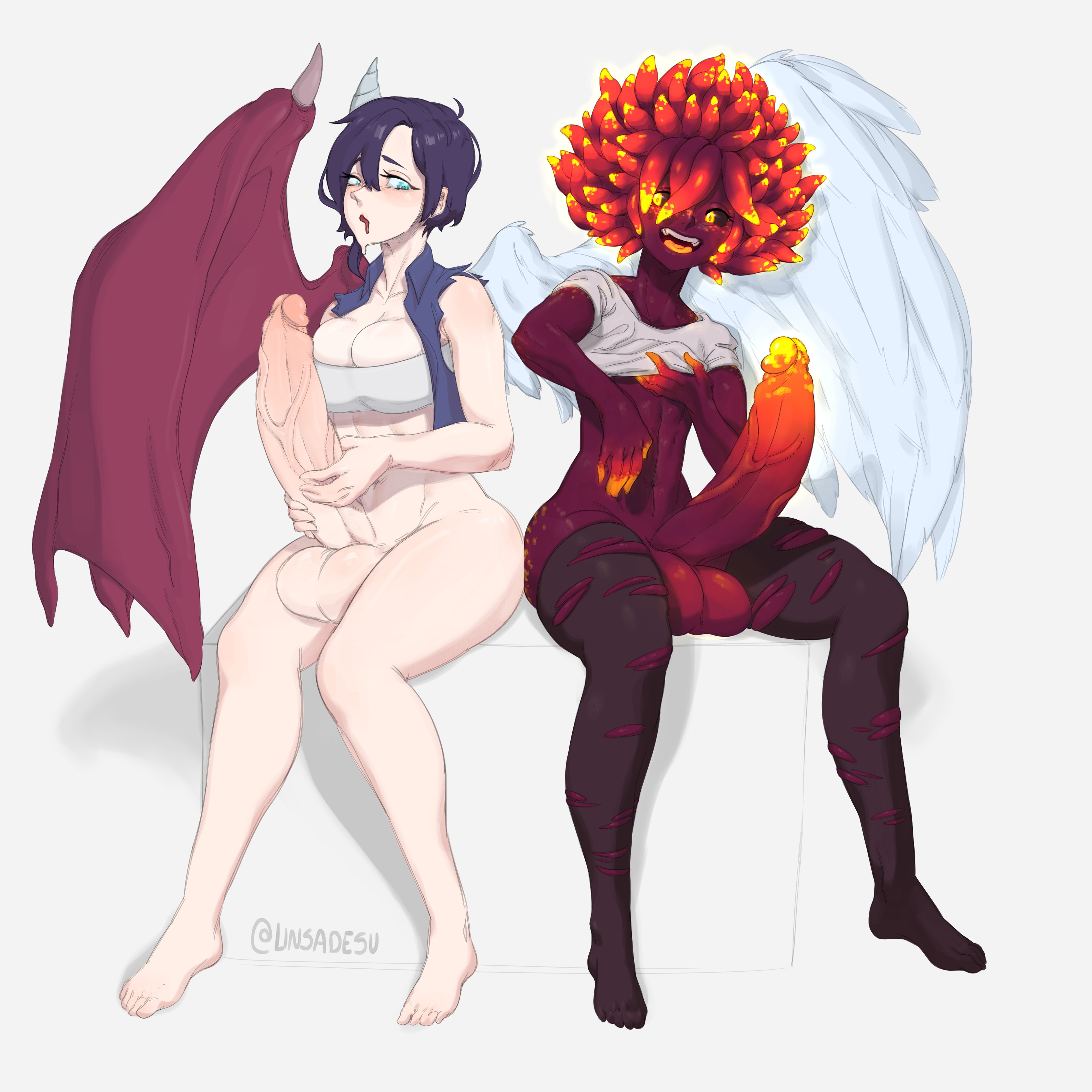 1boy, 1futa, angel wings, balls, black hair, black sclera, bottomless, breasts, bursting breasts, cleavage, clothed, clothing, demon, demon boy, demon wings, duo, erection, femboy, futanari, glowing, glowing penis, huge balls, huge cock, human, humanoid, humanoid penis, hung trap, intersex, light skin, light-skinned futa, linsa, long penis, looking at penis, male, masturbation, pale skin, partially clothed, penis, penis to the knees, red body, red skin, sitting, thighhighs, tongue, torn clothes, torn legwear, wide hips, wings