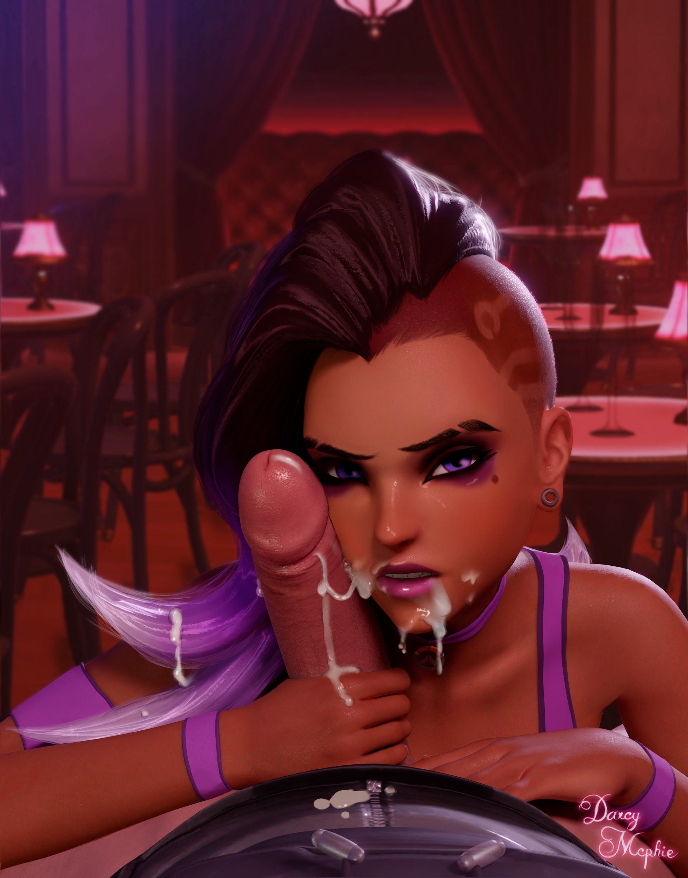 1boy, 1girls, 3d, after oral, angry, asymmetrical hair, blender, blizzard entertainment, blowjob, bracelet, bracelets, brunette, cum, cum in mouth, cum on face, darcy mcphie, dark skin, dark-skinned female, female, female focus, hand on penis, looking at viewer, male, male/female, multicolored hair, oral, oral sex, overwatch, overwatch 2, penis, penis on face, pov, purple eyes, purple nails, reaper, shaved side, solo focus, sombra, straight, text, text on clothing, topwear
