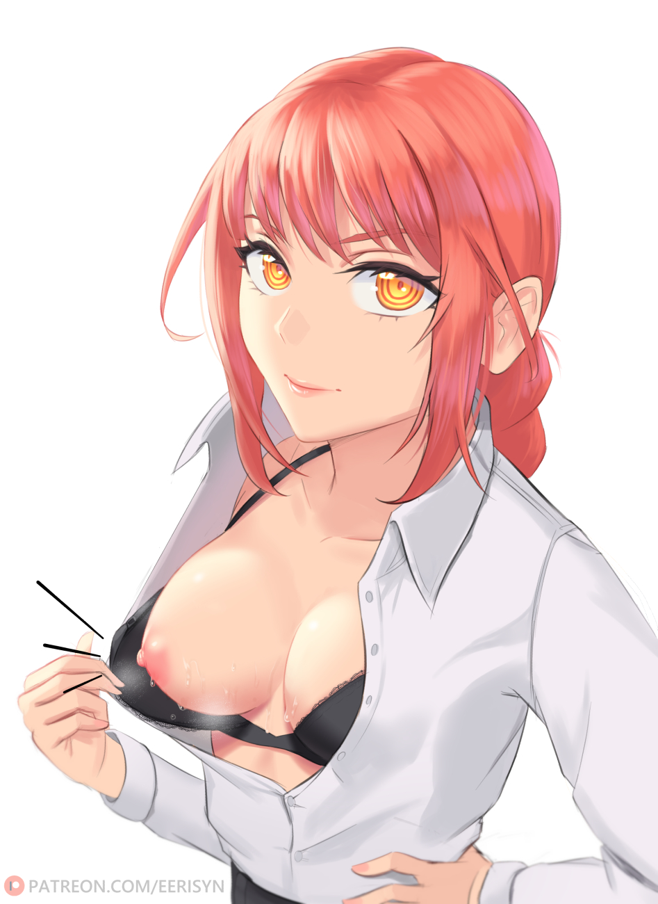 1girls, areolae, bra, bra down, bra pull, bra strap, braided hair, breasts, chainsaw man, eerisyn, eye contact, female, long hair, looking at viewer, makima (chainsaw man), medium breasts, nipples, open clothes, open shirt, presenting breasts, red hair, showing breasts, solo, upper body, white background, yellow eyes