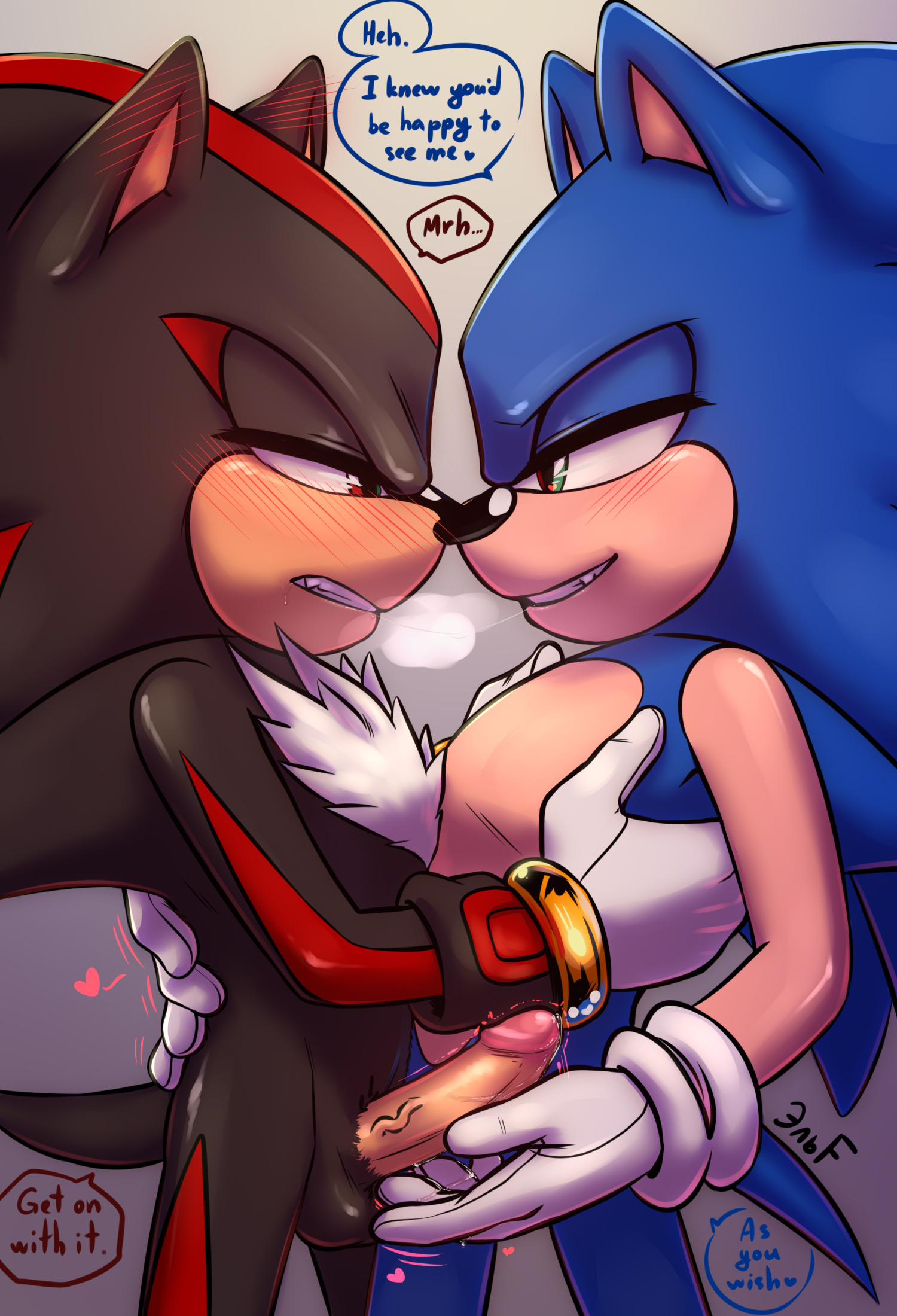 5 fingers, anthro, balls, black body, black fur, blue body, blue fur, blush, bodily fluids, chest tuft, clothing, dialogue, duo, english text, erection, eulipotyphlan, exposed torso, eye contact, fingers, fondling, footwear, fur, gay, genital fluids, genitals, gloves, gloves only, green eyes, handwear, handwear only, heart, hedgehog, hi res, humanoid, imminent sex, krazyelf, looking at another, male, male only, male/male, mammal, mostly nude, penis, precum, red body, red eyes, red fur, saliva, saliva string, sega, shadow the hedgehog, simple background, smile, smirk, sonadow, sonic (series), sonic the hedgehog, sonic the hedgehog (series), text, tuft, video games, white body, white fur, yaoi