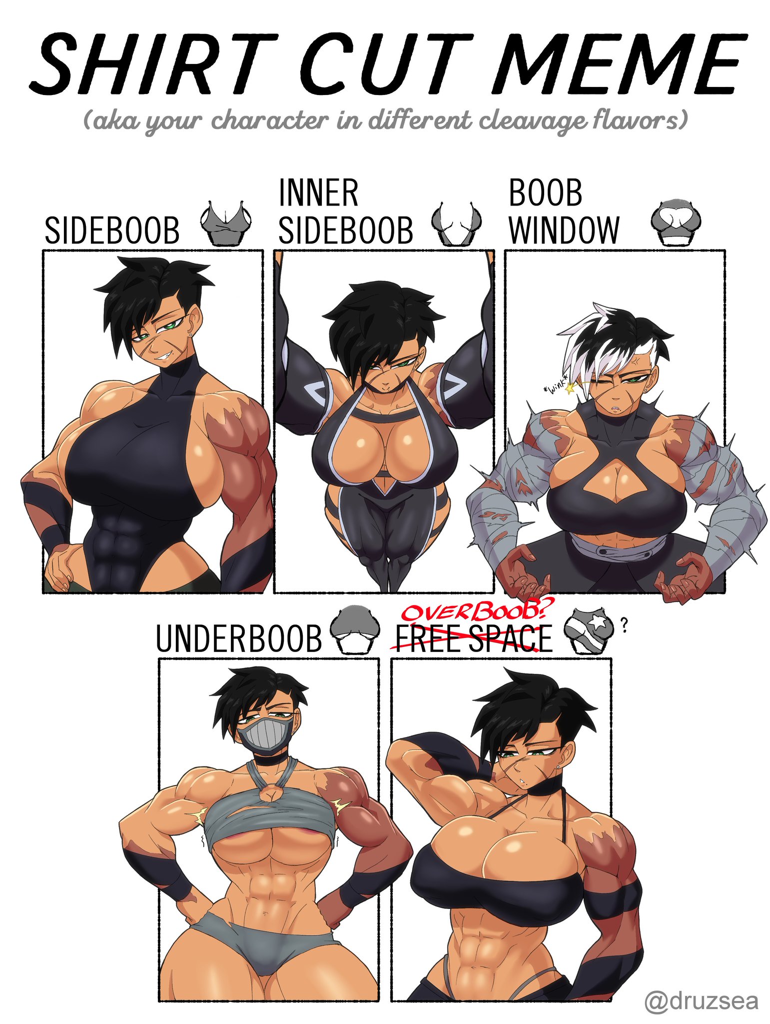 abs, areola slip, bandage, big breasts, boob window, breasts, dark skin, dark-skinned female, female, female only, kalara (vertacularrld), muscular, muscular female, overflowing breasts, scar, scars, shirt cut meme, short hair, sideboob, tagme, thick thighs, thighs, tomboy, top view, two-tone hair, underboob, vertacularrld