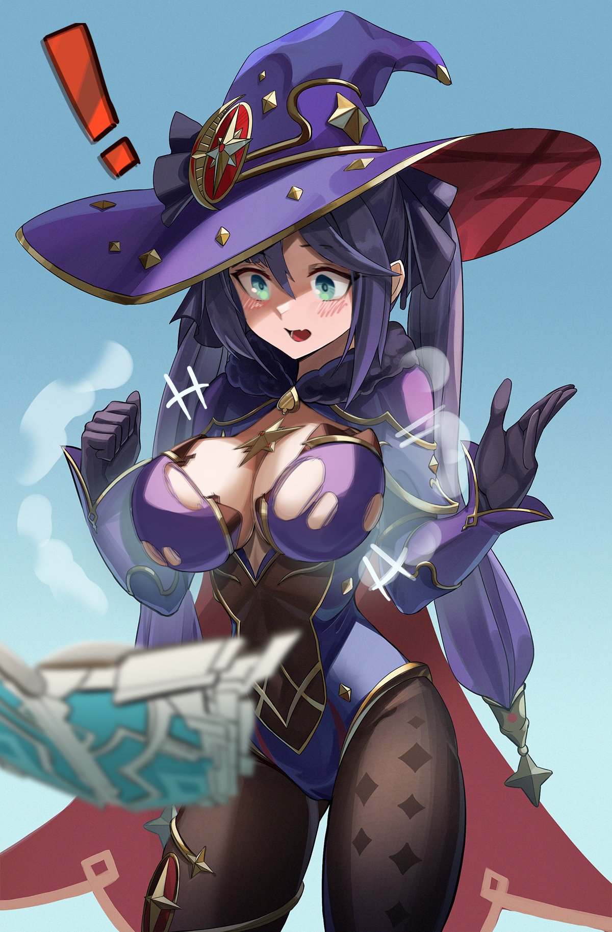 1girls, big breasts, blush, breast expansion, breast growth, breast growth (enlargement), breasts, female, genshin impact, green eyes, jsih, mona (genshin impact), tagme, torn clothes, witch hat