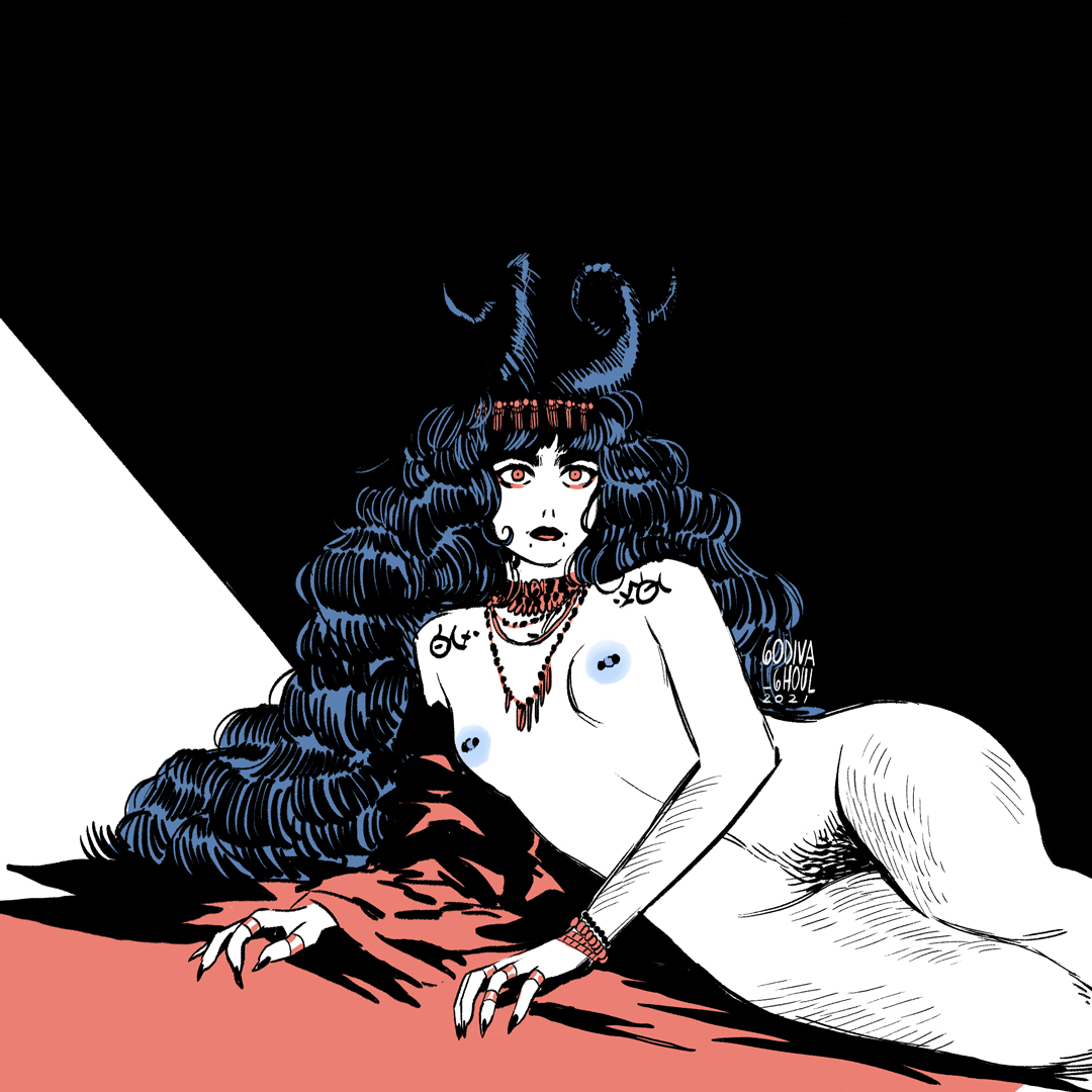 1girls, breasts, female, godiva ghoul, horns, long hair, nipple piercing, nipples, orange eyes, original, original character, pale skin, piercing, pubic hair, small breasts, solo, solo female, tagme