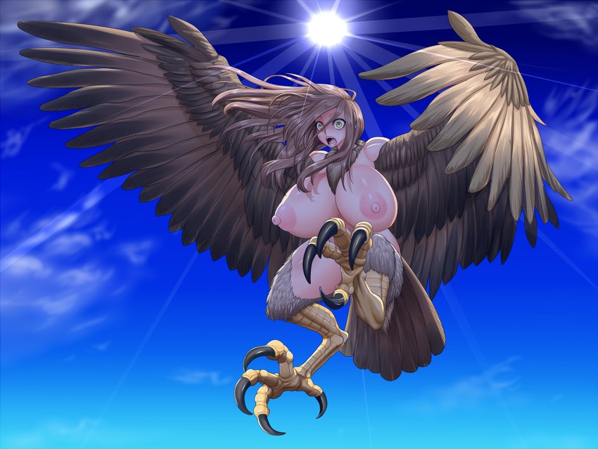 ahegao8 animal_humanoid areola attack avian avian_humanoid bare_shoulders big_areola big_breasts blue_sky breasts brown_body brown_feathers brown_fur brown_hair chest_tuft claws detailed_background digital_media_(artwork) european_mythology fangs feathered_wings feathers feet female fur greek_mythology hair harpy hi_res huge_areolae huge_breasts humanoid light light_body light_skin long_hair looking_at_viewer monster monster_girl_(genre) mythological_avian mythology nipples nude open_mouth outside shadow sharp_claws sharp_teeth sky solo sunlight talons teeth thick_thighs toe_claws toes tuft white_body wide_hips wings yellow_eyes