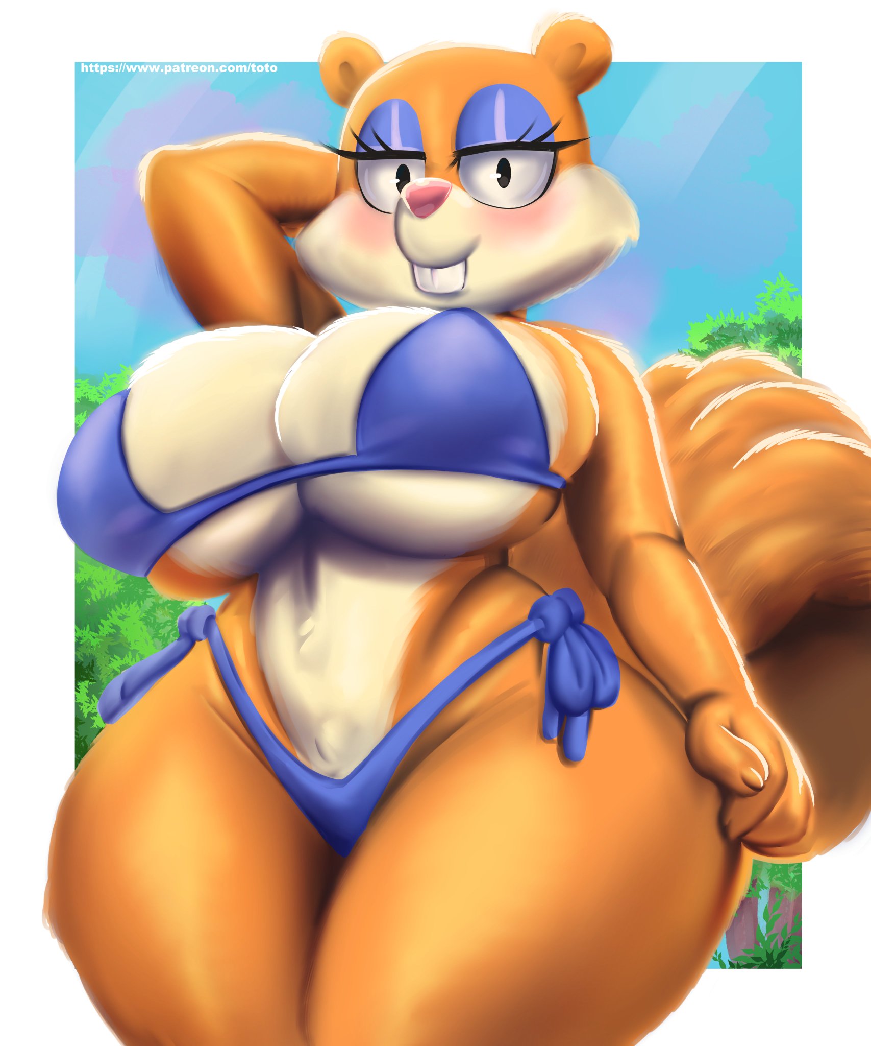 arm behind head, big breasts, bikini, breasts, bursting breasts, busty, eyelashes, eyeshadow, fabianoferreira, female, fur, hand on hip, mascara, nickelodeon, sandy cheeks, spongebob squarepants, squirrel, straight hair, thick thighs, toto draw, wide hips
