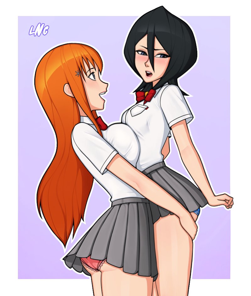 2girls, ass, big breasts, black hair, bleach, blush, boobs, bowtie, breast size difference, breast to breast, breasts, clothed, female, female only, hands on ass, held up, inoue orihime, kuchiki rukia, large breasts, lifting person, long hair, loodncrood, looking at partner, looking away, open mouth, panties, pink panties, red hair, school uniform, schoolgirl, shirt, skirt, small breasts, smaller female, smile, underwear, upskirt, yuri