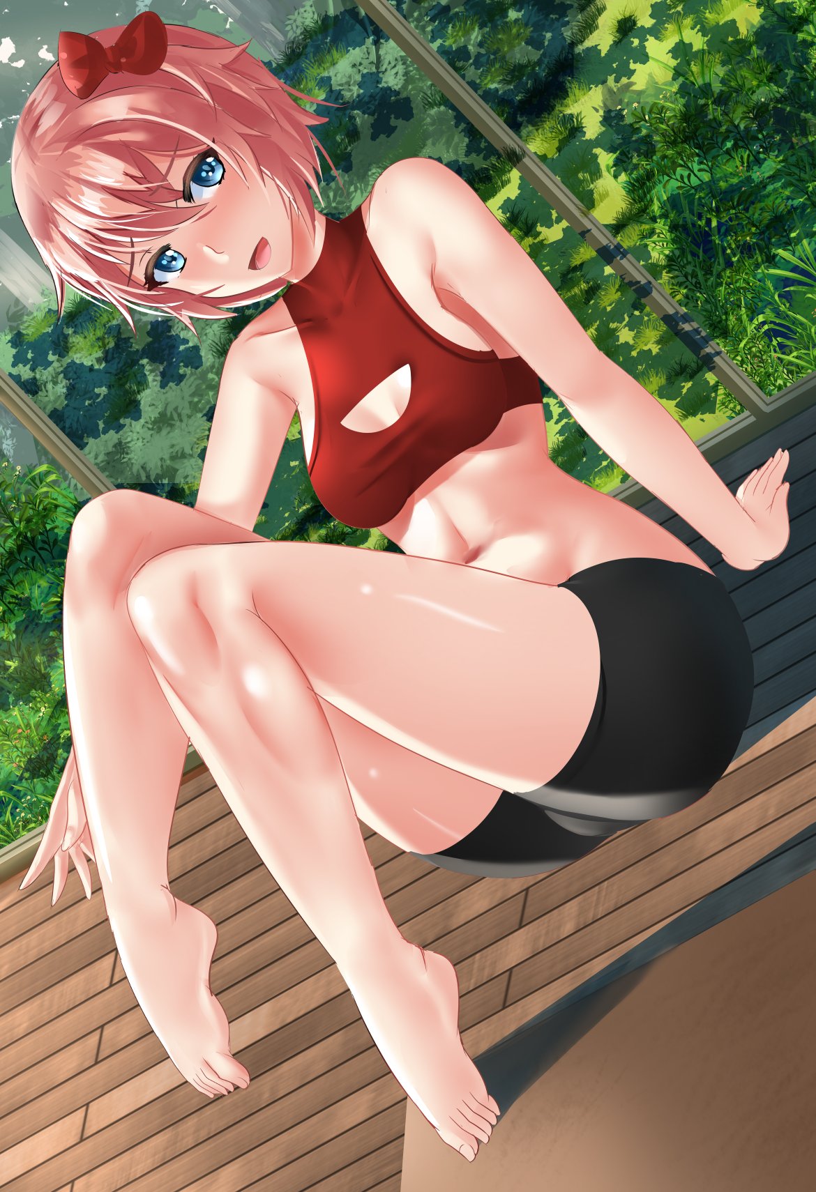 bare_shoulders barefoot belly_button bicycle_shorts blue_eyes bob_cut doki_doki_literature_club female fit_female fuzzlogik hard_wood_floors indoors just_sayori looking_at_viewer red_hair_bow sayori_(doki_doki_literature_club) scenic_view sitting_down sports_bra strawberry_blonde_hair thighs windows