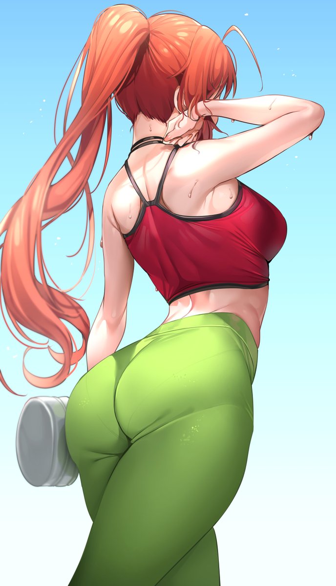 1girls, 2021, arisugawa natsuha, ass, big ass, big breasts, breasts, choker, dumbbell, exercise, female, gym clothes, idolmaster, idolmaster shiny colors, long hair, orange hair, ponytail, sideboob, solo, sports bra, sweat, tem10, white skin, workout, yoga pants