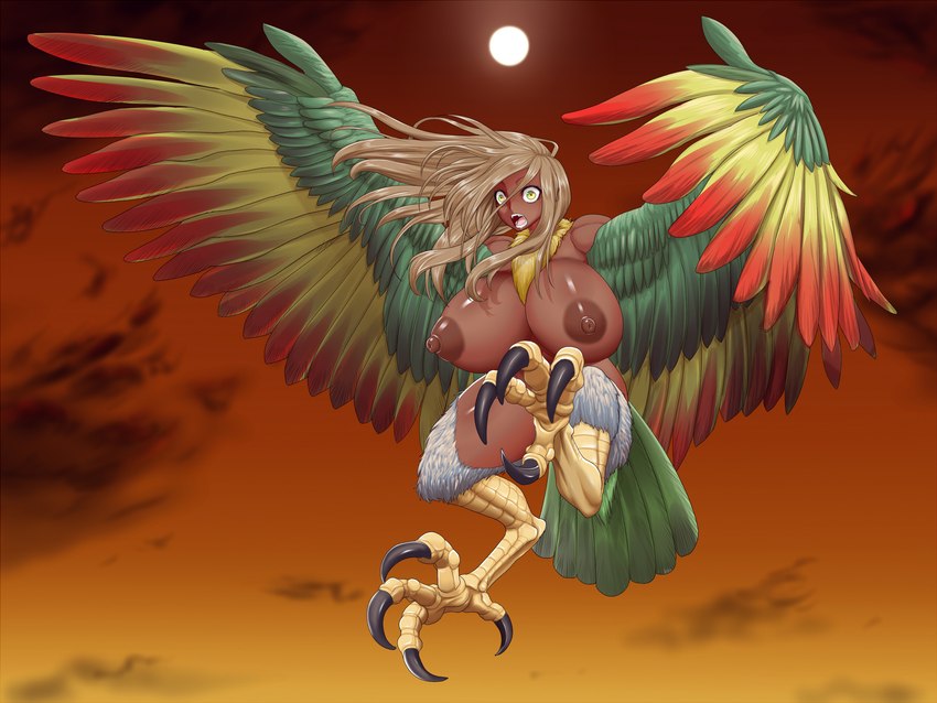 ahegao8 animal_humanoid areola attack avian avian_humanoid bare_shoulders big_areola big_breasts breasts brown_hair chest_tuft claws dark_body dark_skin detailed_background digital_media_(artwork) european_mythology fangs feathered_wings feathers feet female fur greek_mythology green_body green_feathers hair harpy hi_res huge_areolae huge_breasts humanoid long_hair looking_at_viewer monster monster_girl_(genre) multicolored_body multicolored_feathers mythological_avian mythology nipples nude open_mouth orange_sky outside red_body red_feathers sharp_claws sharp_teeth solo sun talons teeth thick_thighs toe_claws toes tuft white_body white_fur wide_hips wings yellow_body yellow_eyes yellow_feathers