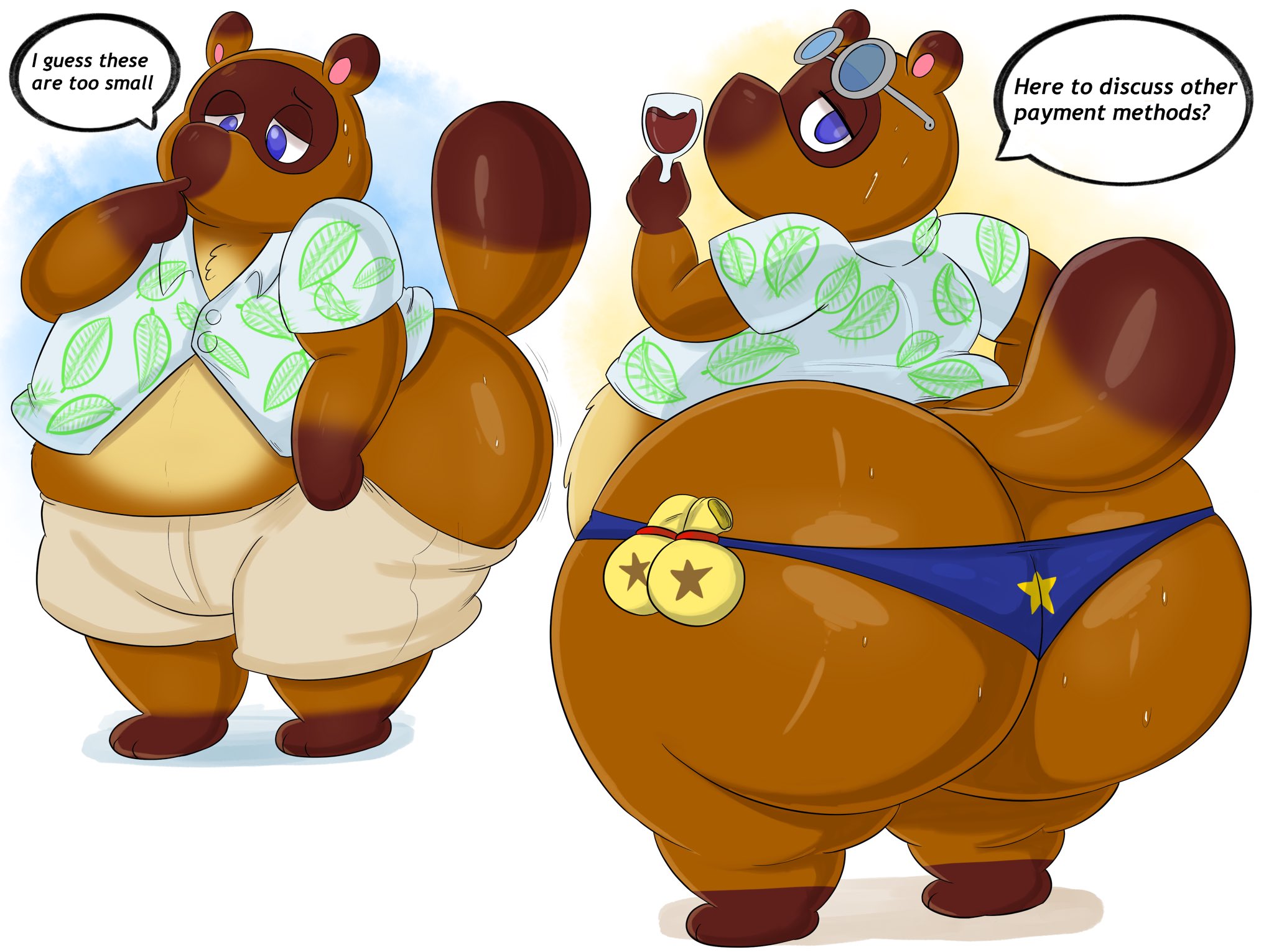 2019, animal crossing, anthro, ass, bara, big ass, big butt, blue eyes, bodily fluids, bottomwear, brown body, brown fur, canid, canine, clothing, english text, eyewear, fur, glasses, hi res, huge ass, huge butt, hyper ass, hyper butt, male, male only, mammal, megacoolbear (artist), nintendo, obese, obese anthro, obese male, overweight, overweight anthro, overweight male, raccoon, shirt, shorts, simple background, solo, sweat, tanuki, text, tom nook, topwear, underwear, video games, white background, yaoi