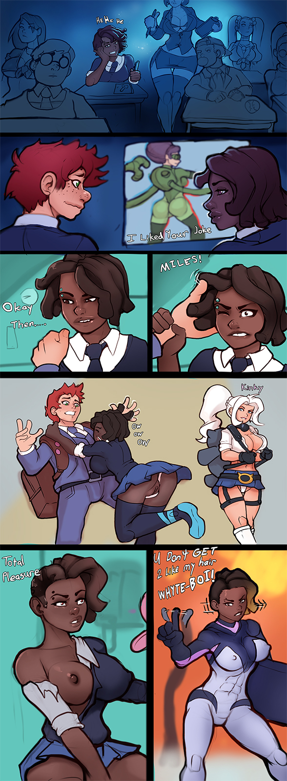 accidental exposure, big breasts, breasts, brown eyes, brown hair, dark skin, dark-skinned female, dreadlocks, exposed breasts, exposed pussy, eyebrow piercing, female, freckles, ginger, green eyes, gwen stacy, light skin, light-skinned male, male, markydaysaid, marvel, marvel comics, miles morales, pigment change, pussy, race swap, spider-man: into the spider-verse