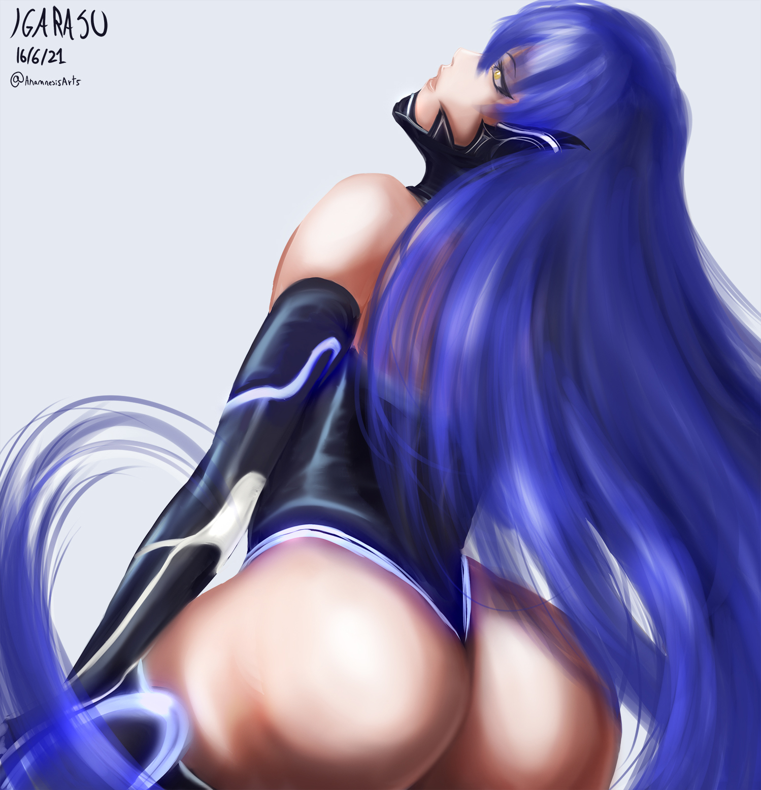1boy, ass, atlus, big ass, blue hair, femboy, igarasu, long hair, male, male focus, male only, megami tensei, nahobino (smt), protagonist (shin megami tensei v), shin megami tensei, shin megami tensei v, solo, solo male, tagme, trap