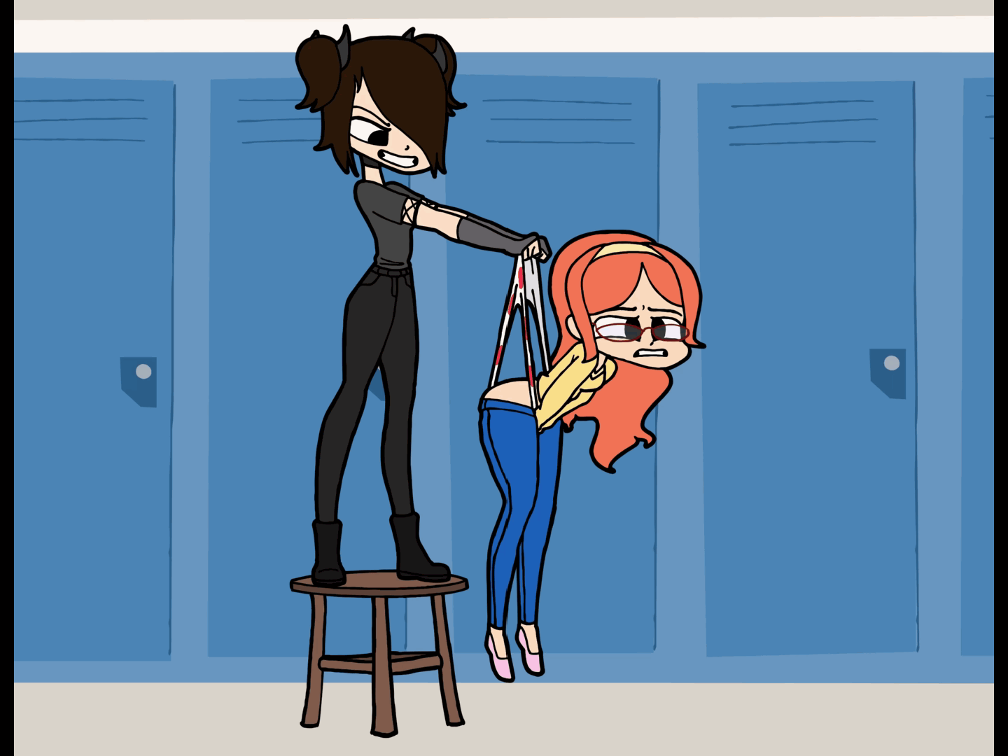 animated, ashley (digitalwedgieart), bullying, digitalwedgieart, female, femsub, gif, glasses, goth, luna (digitalwedgieart), orange hair, punishment, schoolgirl, teacher, torn clothes, torn panties, wedgie