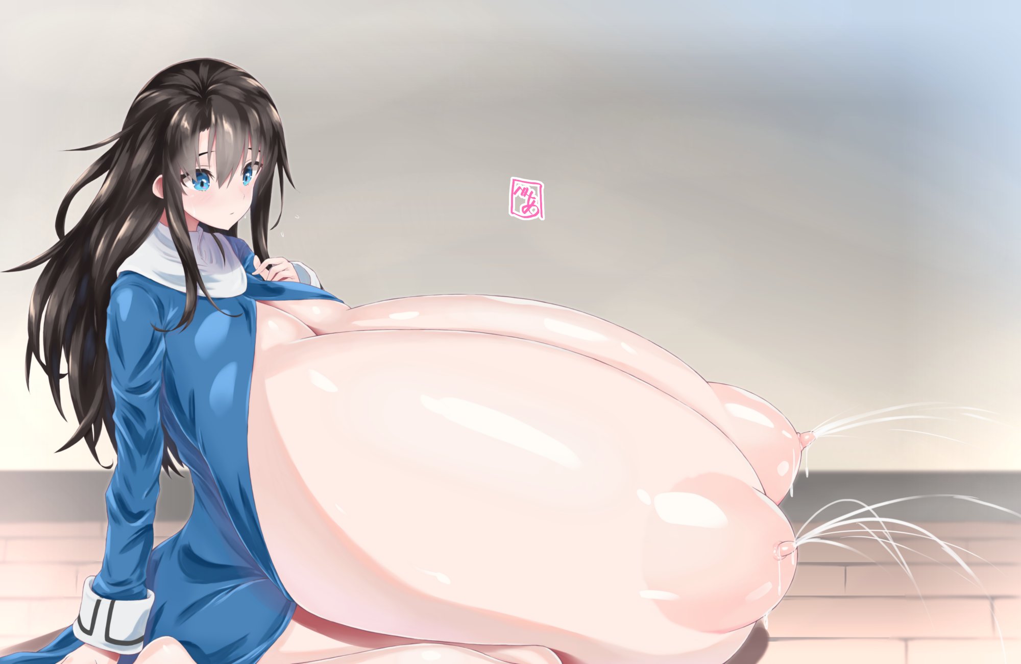 bea (adfhbcf4326), black hair, blue eyes, breasts, breasts on lap, female, gigantic breasts, hyper breasts, immobile, lactating, lactation, long hair, massive breasts, partially clothed, wardrobe malfunction
