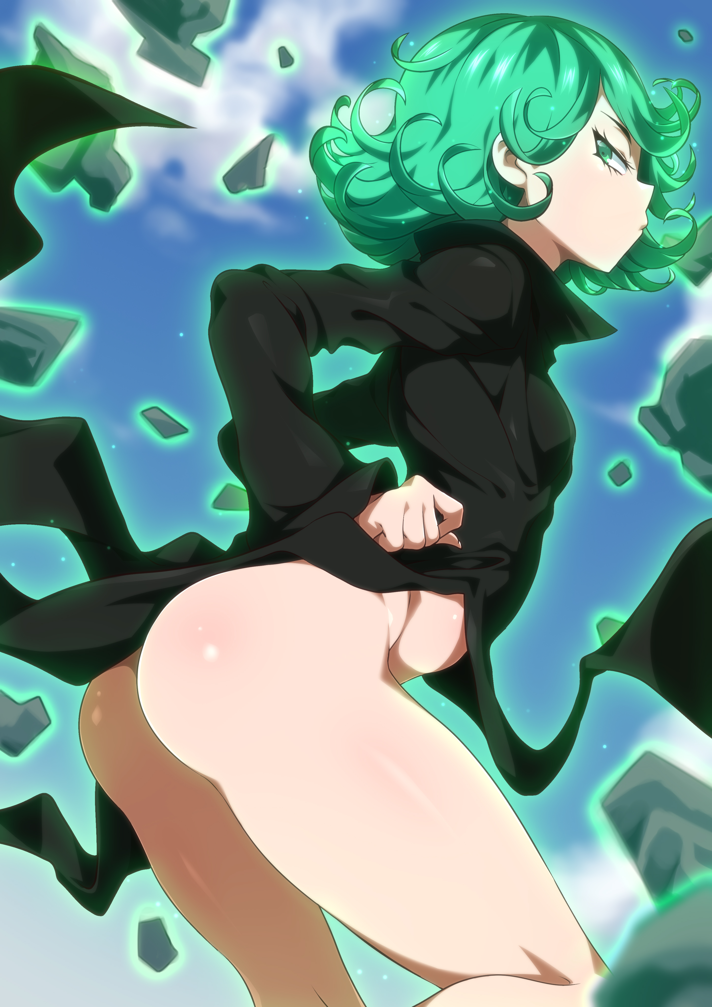 1girls, absurd res, ass, bottomless, dress, female, green eyes, green hair, half-closed eyes, high resolution, jcm2, levitation, looking back, no panties, one-punch man, short hair, smaller female, solo, tatsumaki, telekinesis, thick thighs