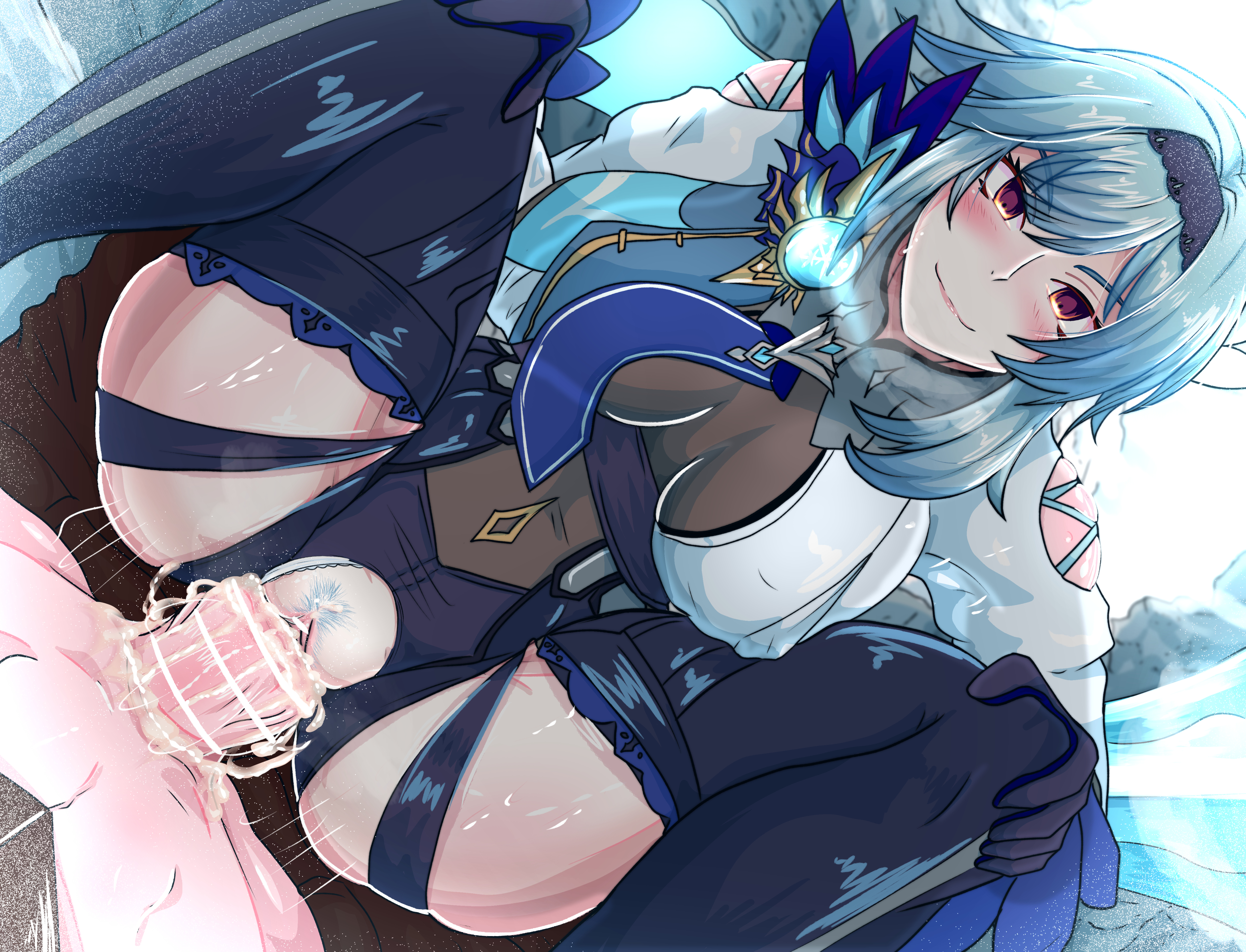 1boy, 1girls, aether (genshin impact), big breasts, blue hair, blush, boots, breasts, cum, cum in pussy, cum inside, eula (genshin impact), female, genshin impact, gloves, grimmelkin, huge breasts, huge cock, looking at partner, looking at viewer, male, penis, pubic hair, pussy, short hair, thick thighs, thigh boots, thighhigh boots, vision (genshin impact)