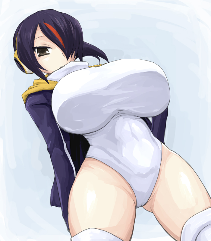 1girls, breasts, brown eyes, emperor penguin (kemono friends), female, hair over one eye, headphones, huge breasts, kemono friends, leotard, one-piece swimsuit, oro (zetsubou girl), red highlights, swimsuit, tagme, thick, thick thighs, thighhighs, white background