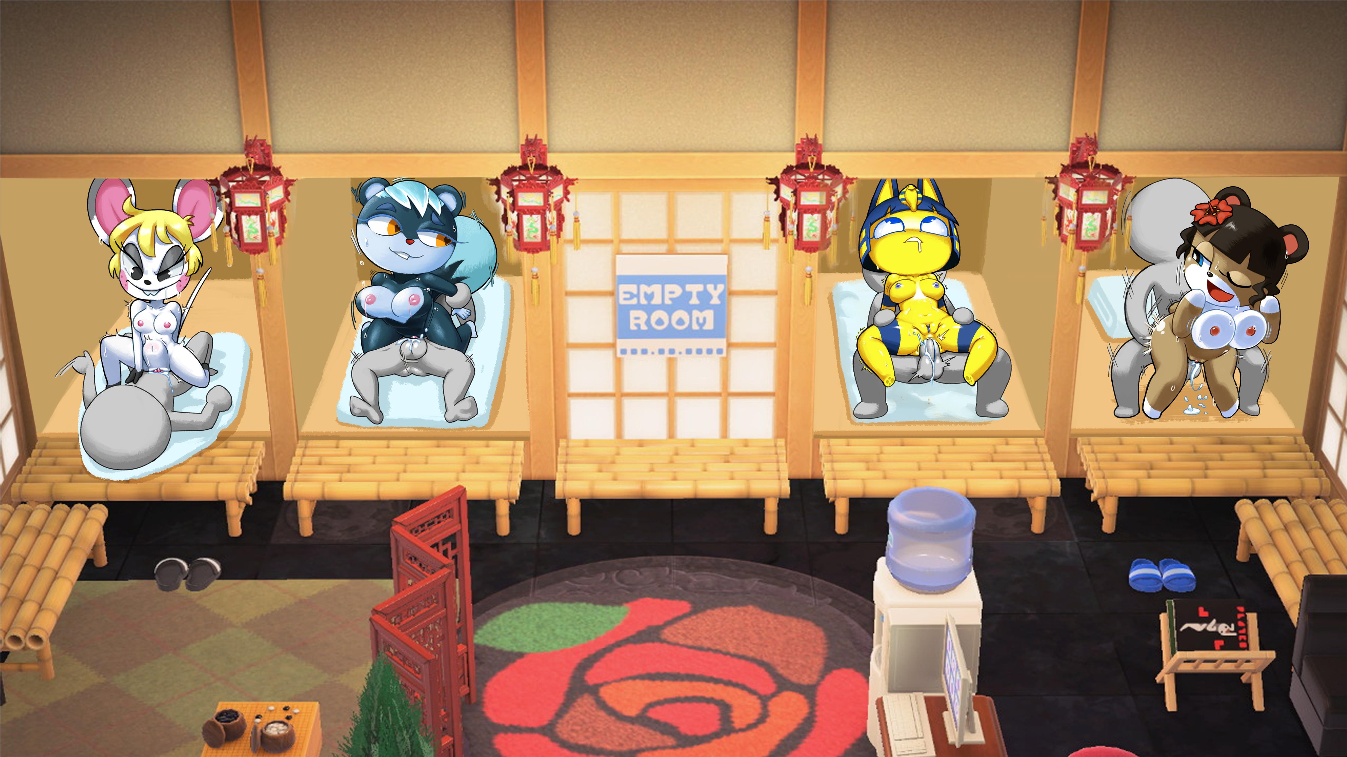 4girls, against glass, animal crossing, ankha, anthro, bear, bella (animal crossing), breasts, breasts on glass, brothel, cowgirl position, faceless male, female, femdom, furry, human on anthro, june (animal crossing), male, male human/female anthro, male on anthro, male/female, minus8, multiple females, multiple girls, nintendo, reverse cowgirl position, sex, straight, tagme, tasha (animal crossing), ursid, ursine