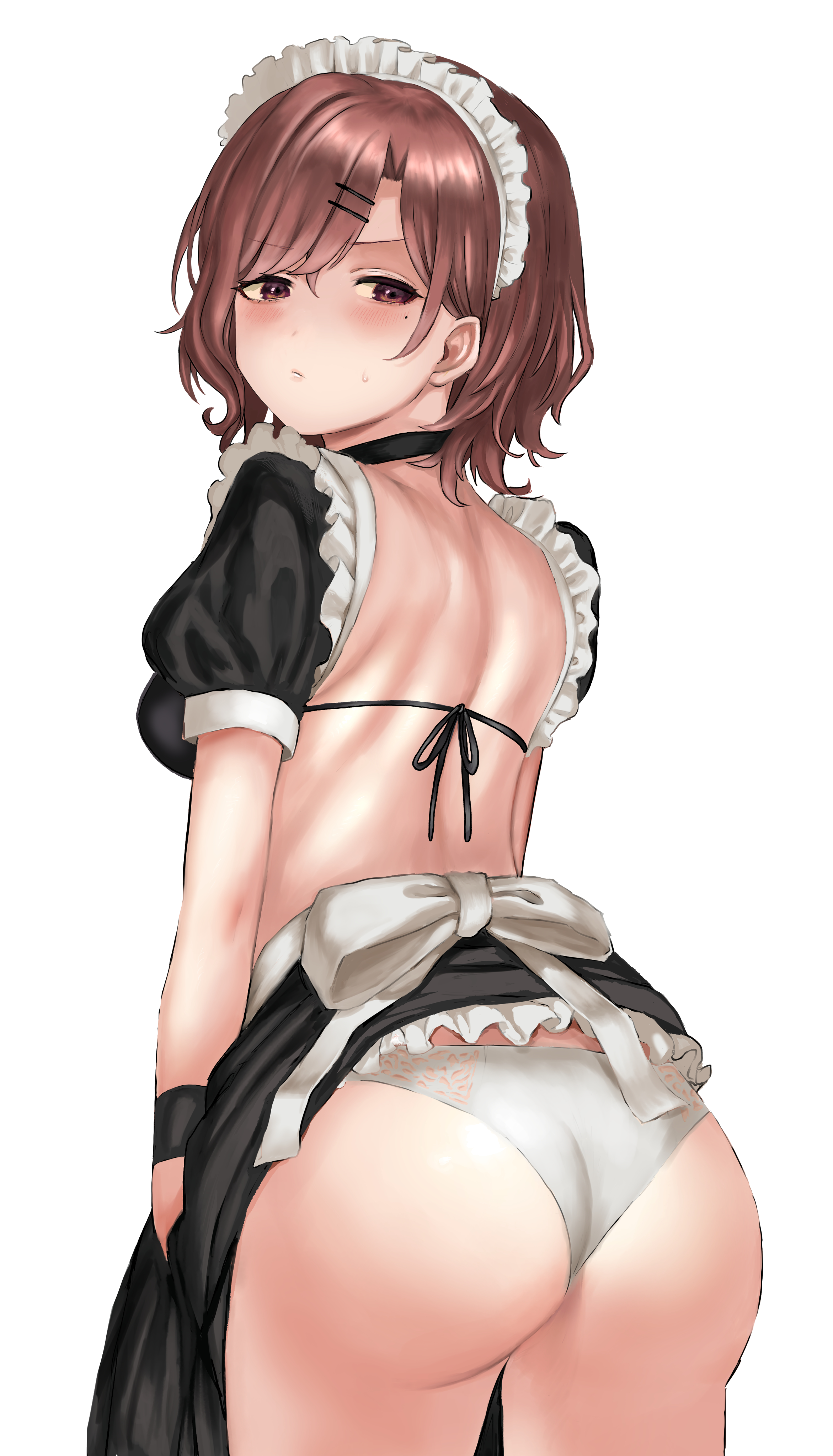 ass, beauty mark, blush, breasts, brown hair, female, higuchi madoka, idolmaster, looking back, short hair, small breasts, the idolm@ster, the idolm@ster shiny colors