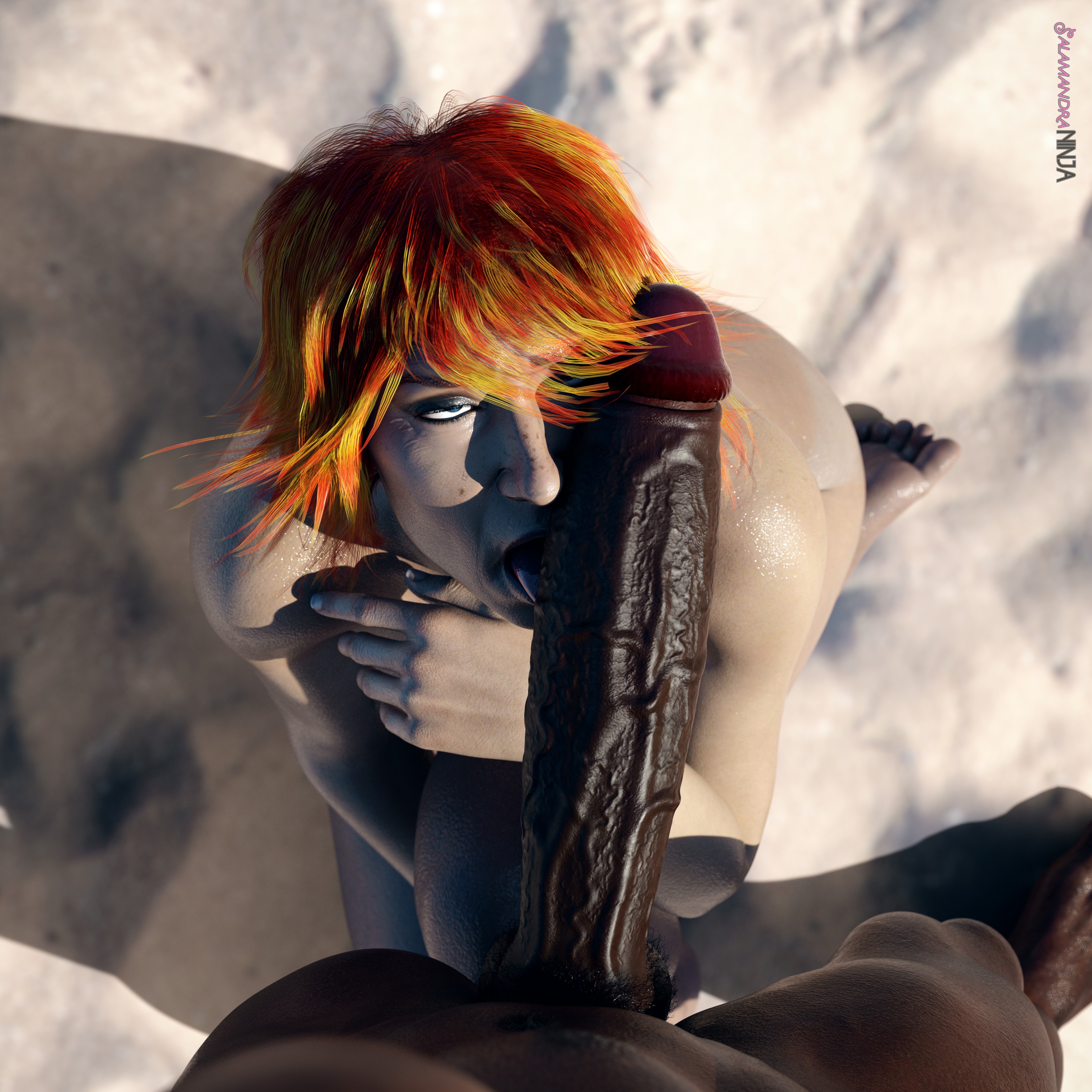 1boy, 1girls, 3d, apex legends, beach, big penis, blue eyes, dark skin, dark-skinned male, eyeshadow, faceless male, female, freckles, glistening, half-closed eyes, highres, horizon (apex legends), huge cock, interracial, licking penis, long penis, male, mascara, milf, nipples, nude, open mouth, oral, penis, penis lick, penis on face, pov, red hair, salamandraninja, shiny skin, short hair, straight, tanline, tongue, tongue out, veiny penis, wet skin