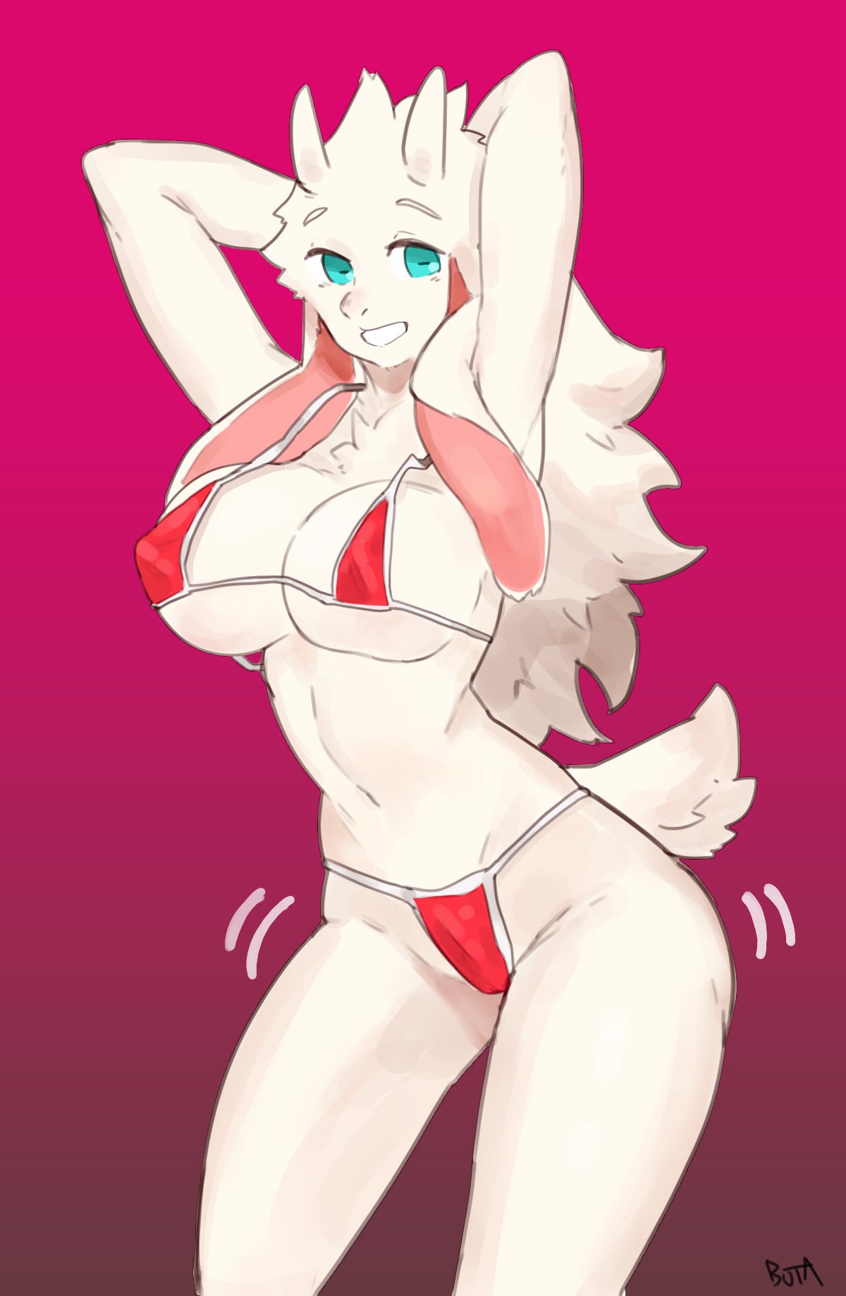1girls, anthro, arms behind head, bikini, blue eyes, buta99, caprine, female, female only, fur, furry, furry only, goat, goat ears, goat horns, hi res, horizontal pupils, horns, long ears, looking at viewer, messy hair, pose, red background, short tail, smile, solo, solo female, tail, teeth showing, vanilla (buta99), white fur, white hair