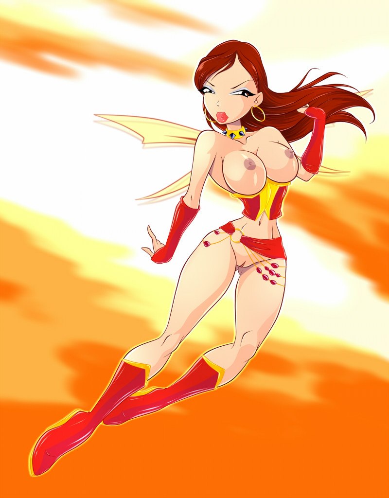 1girls 4kids_entertainment alisha_(winx_club) big_breasts breasts eyeshadow fairy fan_character flying high_heels lipstick looking_at_viewer makeup nickelodeon no_panties pussy rainbow_(animation_studio) skimpy sluttix solo spiked_collar thin_waist topless wasp_waist wings winx_club zfive