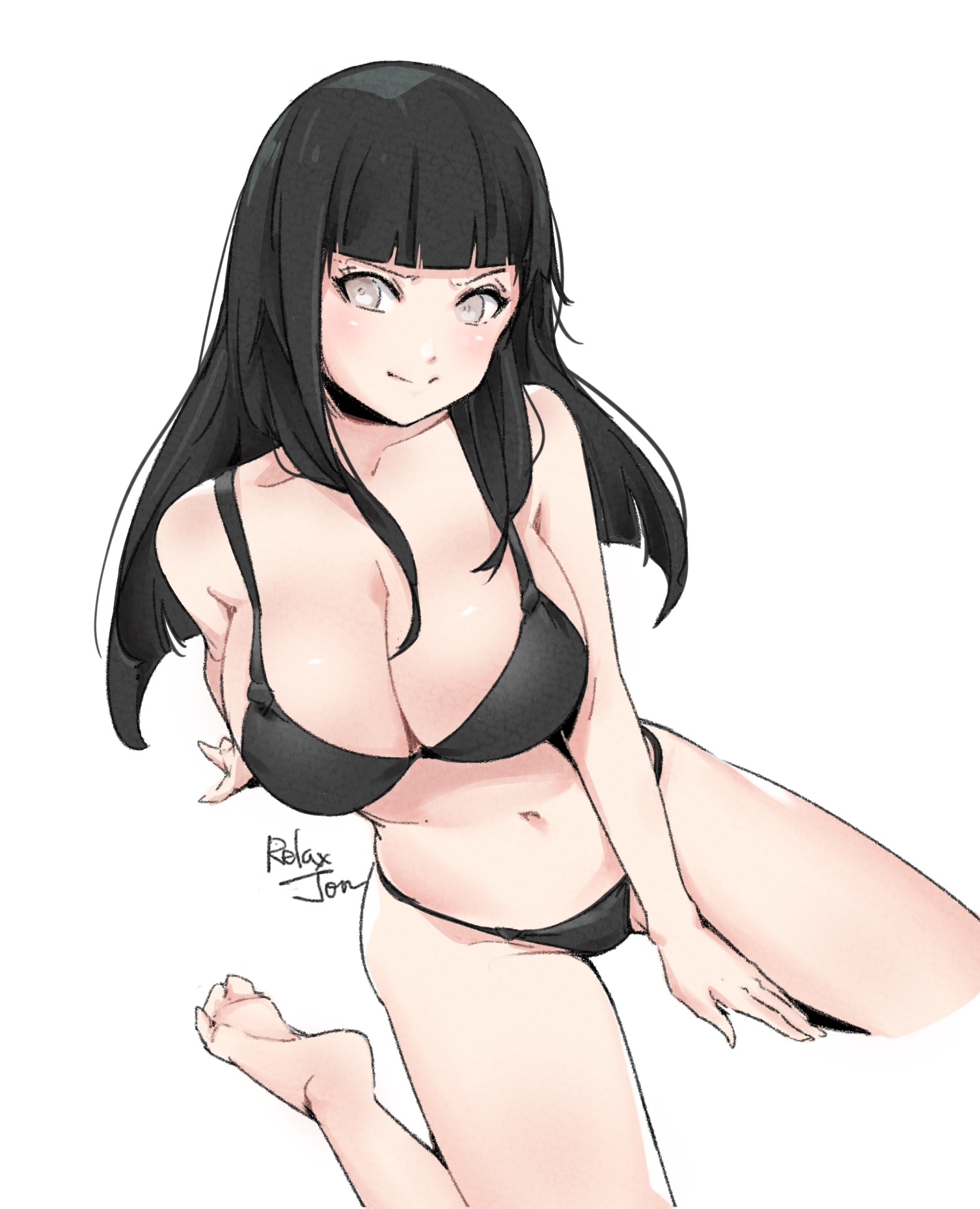 1girls, bare arms, bare shoulders, barefoot, big breasts, black bra, black hair, black panties, black thong, black-haired female, blush, bra, breasts, busty, cleavage, clothed female, clothing, cute, feet, female, female focus, female only, g-string, hyuuga hinata, kneeling, large breasts, light skin, light-skinned female, long hair, looking at viewer, naruto, naruto (series), naruto shippuden, naruto: the last, on knees, pale skin, pale-skinned female, panties, partially clothed, pinup, purple eyes, relaxjon, revealing clothes, shounen jump, smile, smiling, soles, solo, solo female, solo focus, thong, toes, underwear, white background