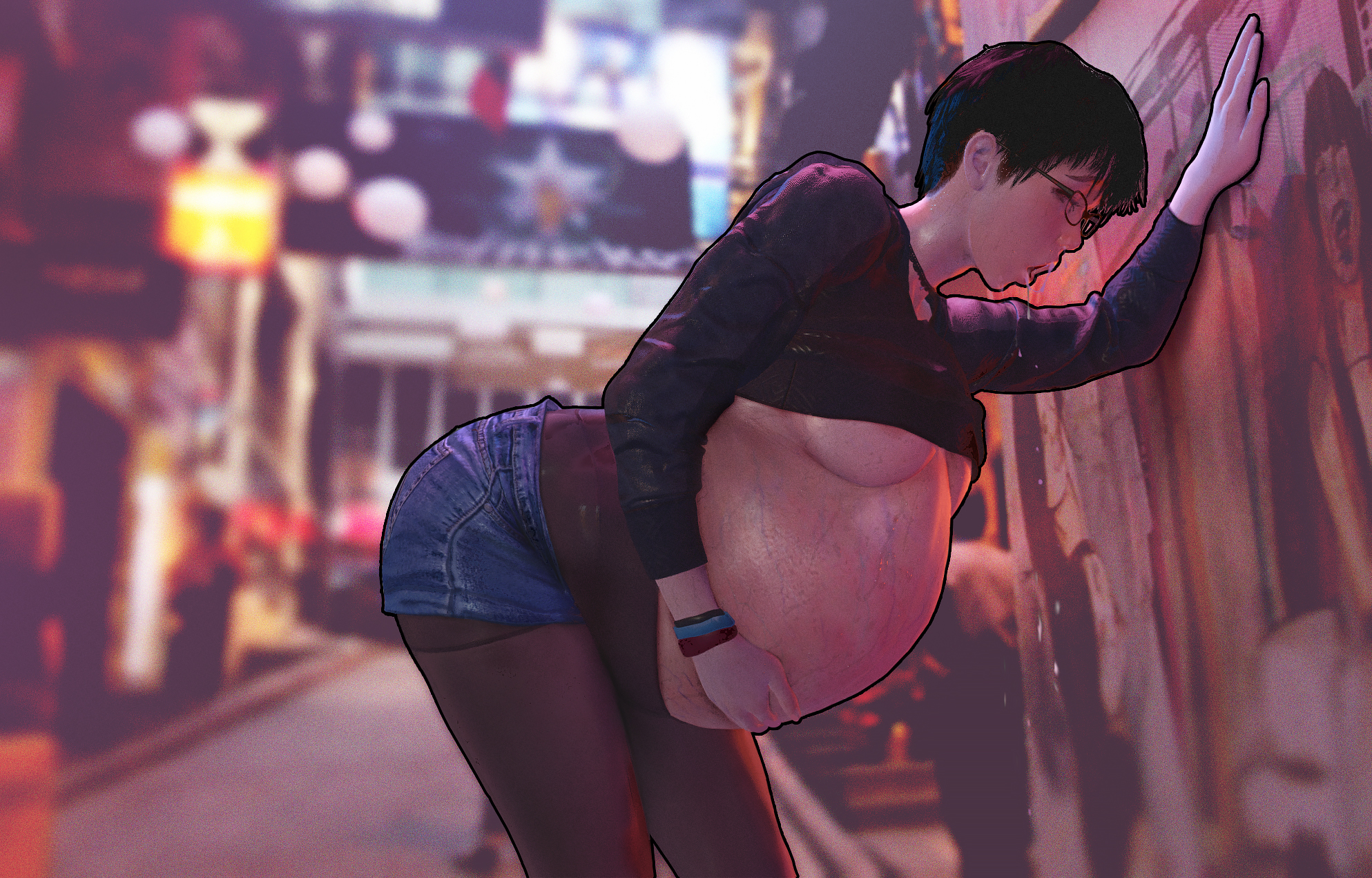 asian, asian female, belly, belly expansion, belly inflation, big belly, black hair, bloated, bloated belly, breasts, cumflated belly, drool, female, female only, glasses, inflation, rana dream, ready to pop, short hair, solo female, underboob