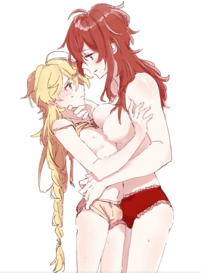 1boy, 1futa, aether (genshin impact), balls, balls bulge, balls in panties, balls under clothes, blonde hair, braided hair, breasts, crossdressing, diluc (genshin impact), erection, erection in panties, erection under clothes, femboy, feminization, genderswap, genderswap (mtf), genshin impact, girly, gold eyes, intersex, large breasts, lingerie, long hair, male, panties, panty bulge, penis, penis bulge, penis in panties, penis under clothes, red hair, rule 63, sissy, size difference, tenting, topless, topwear, trap, underwear