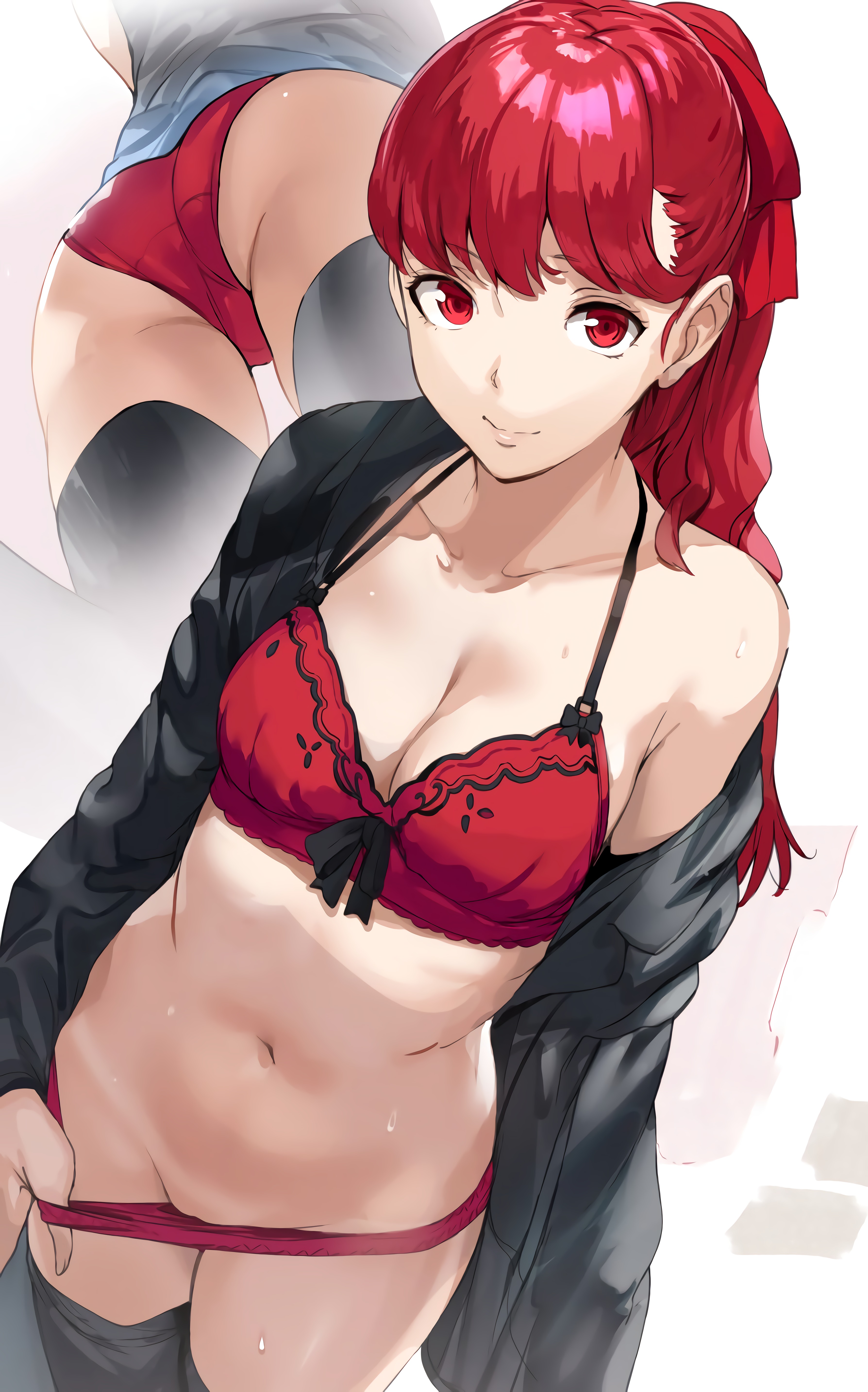 absurd res, belly, big breasts, bow, bow bra, bra, breasts, female, hews hack, hi res, highres, kasumi yoshizawa, looking at viewer, panties, persona, persona 5, persona 5 royal, picot trim, picot trim bra, red bra, red eyes, red hair, red panties, smiling, smiling at viewer, sumire yoshizawa, sweat, taking clothes off