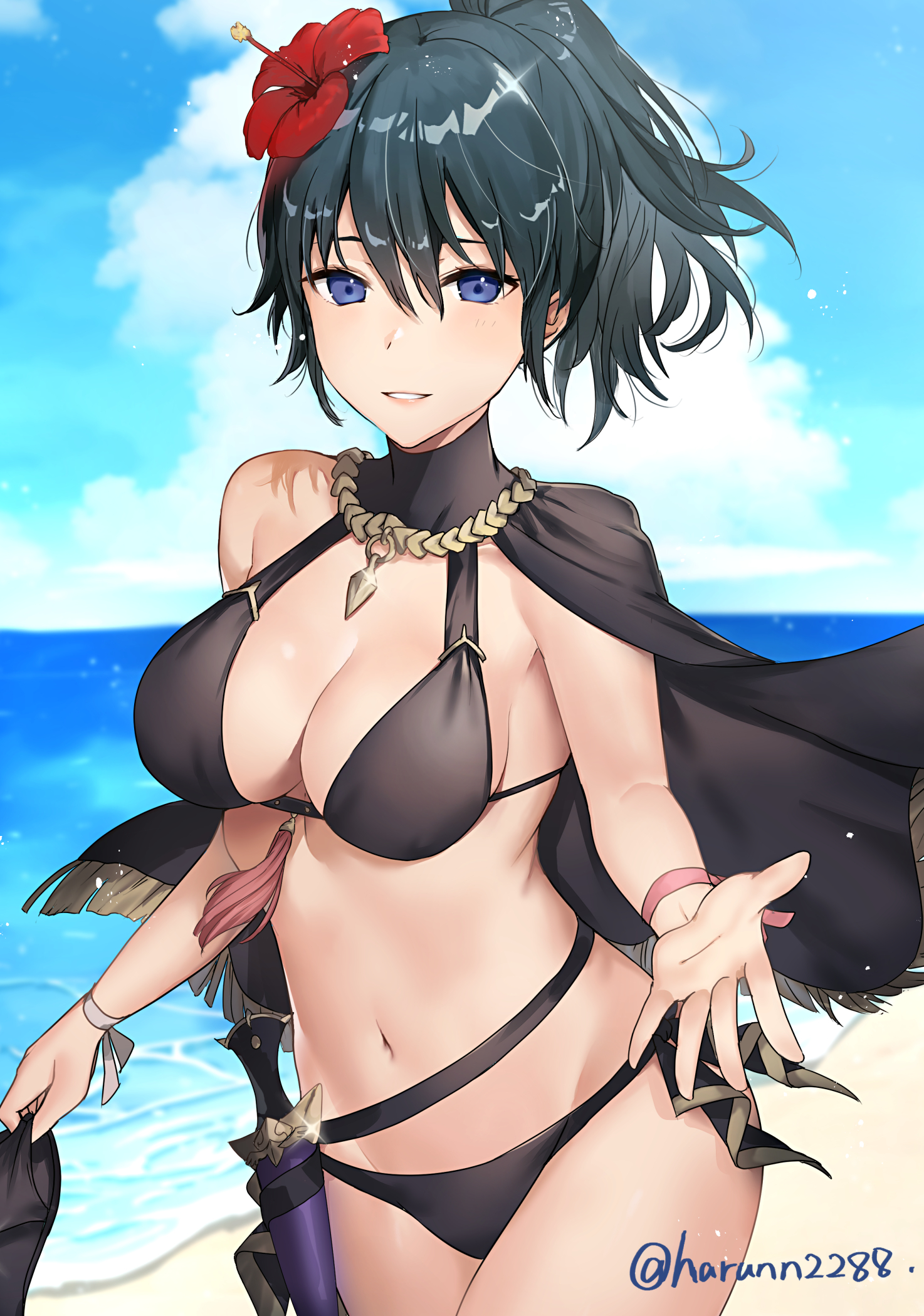 1girls, alternate costume, alternate hairstyle, beach, belly, big breasts, bikini, black bikini, black swimsuit, blue eyes, blue hair, blue sky, breasts, byleth (fire emblem), byleth (fire emblem) (female), capelet, cleavage, dagger, female, female focus, female only, fire emblem, fire emblem heroes, fire emblem: three houses, fit, fit female, flower, flower in hair, hair flower, hair ornament, happy, haru (nakajou-28), highres, human, human focus, human only, inviting, knife, large breasts, light skin, light-skinned female, looking at viewer, midriff, navel, nintendo, ocean, outstretched hand, ponytail, reaching, reaching out, reaching towards viewer, red flower, sea, seaside, sheath, short hair, sky, smile, smiling, smiling at viewer, solo, solo female, solo focus, stomach, swimsuit, water, weapon, wholesome