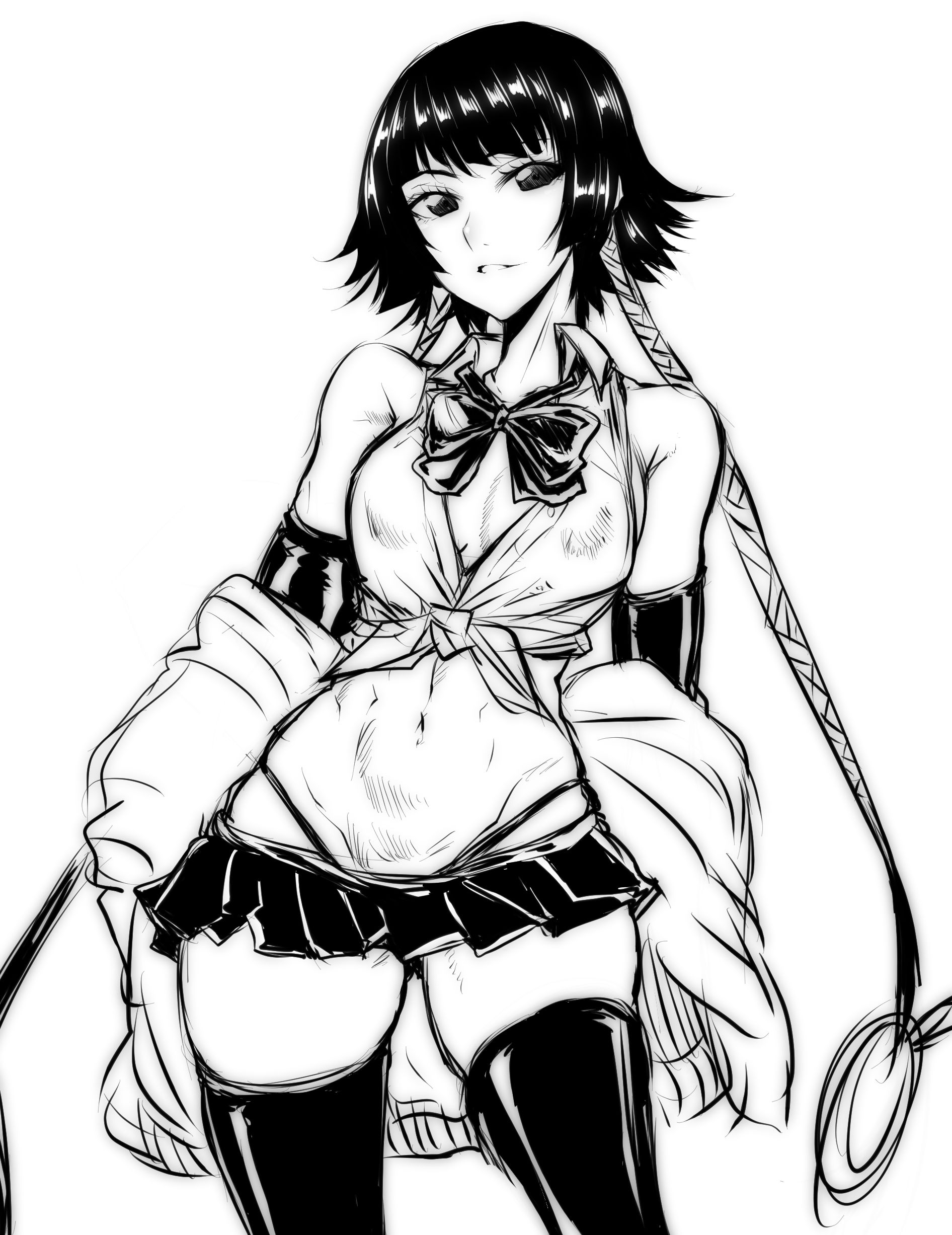 1girls, absurdres, alternate costume, black hair, bleach, breasts, contrapposto, cowboy shot, female, female only, front-tie top, gggg, greyscale, highres, long hair, monochrome, navel, pinup, shirt, short hair, sketch, skindentation, skirt, small breasts, soifon, solo, sui-feng, thigh highs, thighhighs, tied shirt, white background