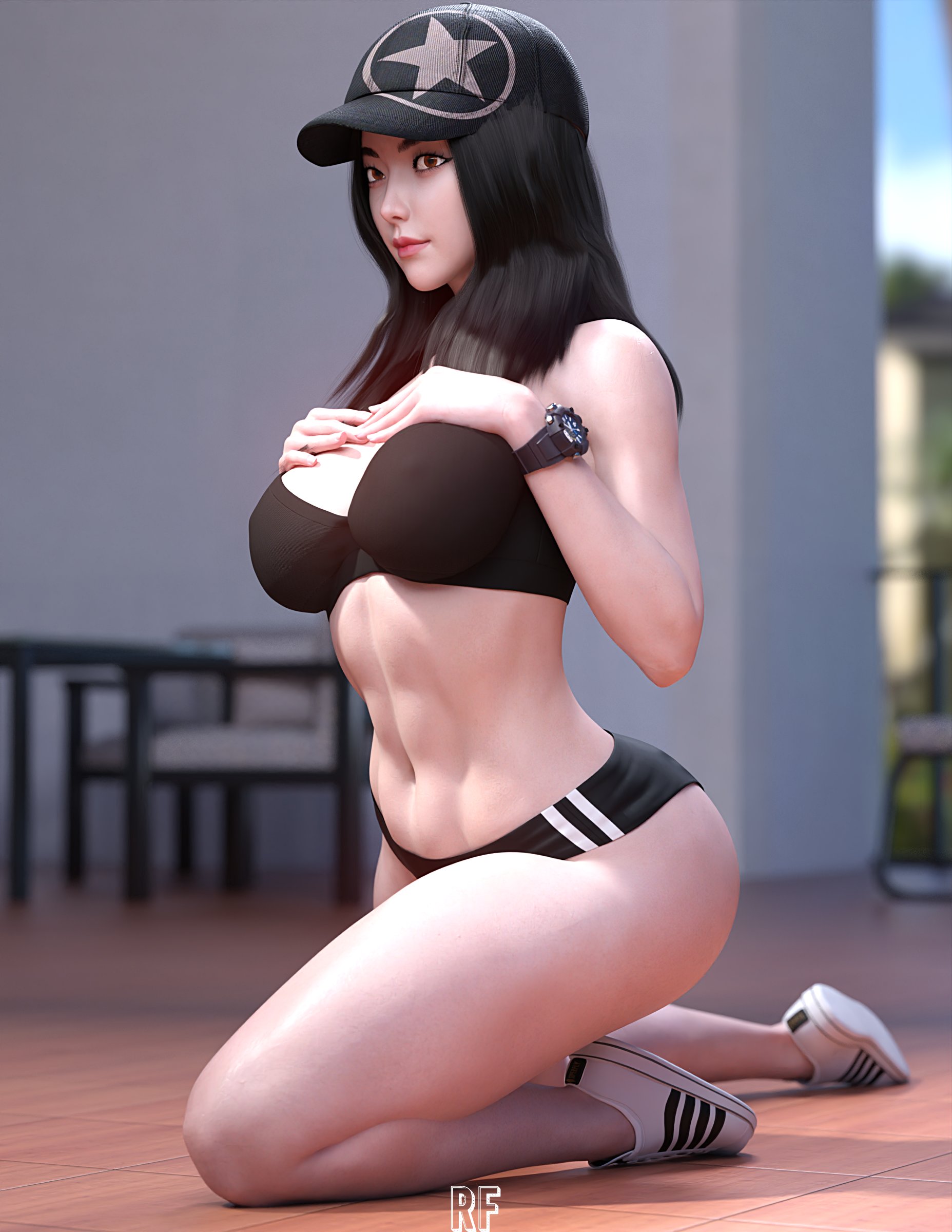 1girls, 3d, abs, asian, asian female, black hair, bra, breasts, brown eyes, cap, character request, female, female only, fit, fit female, hands on breasts, hat, kneeling, large breasts, long hair, looking at viewer, navel, nipples visible through clothing, rude frog, shorts, sneakers, solo, toned, toned female, watch