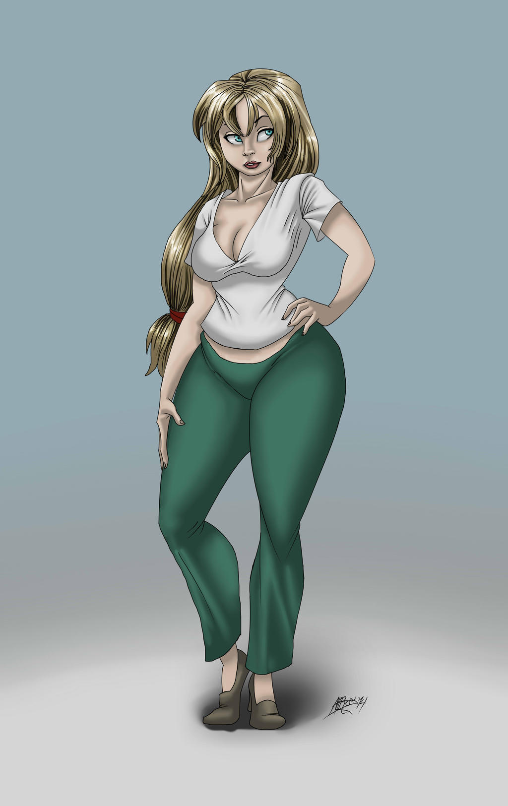 1girls 2014 big_breasts big_thighs blonde_hair blouse blue_eyes breasts commission expansion_sequence eyes front_view green_pants hair high_heels koolzz248 lordaltros original_character pants sequence shoes signature simple_background thighs white_blouse