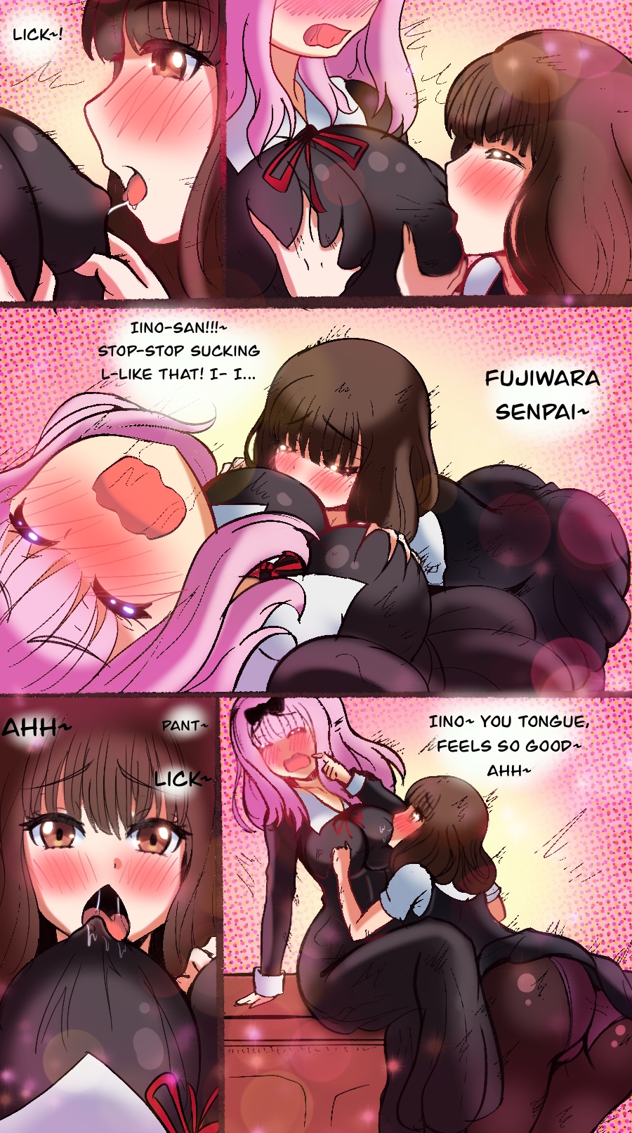 2girls ass blush breast_grab breast_sucking breast_sucking_through_clothes breasts brown_hair english english_text erect_nipples erect_nipples_under_clothes female female_only fujiwara_chika groping high_resolution human iino_miko kaguya-sama_wa_kokurasetai_~tensai-tachi_no_renai_zunousen~ large_breasts looking_pleasured looking_up multiple_girls mutual_yuri nexus_avelon nipples open_mouth panels pantyhose pink_hair saliva saliva_trail speech_bubble text torogao yuri