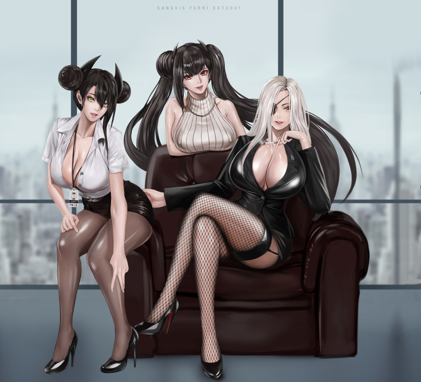 3girls agent_(girls'_frontline) alchemist_(girls'_frontline) alternate_breast_size alternate_costume asymmetrical_hair bangs black_hair blue_sky blurry breast_hold breast_rest breasts bright_pupils brown_eyes brown_legwear building christian_louboutin_(brand) cigarette cityscape cleavage collarbone contemporary covered_erect_nipples day deep_cleavage depth_of_field double_bun english_text eye_patch eyelashes eyeliner fishnet_legwear fishnets formal full_cleavage garter_straps gcg girls'_frontline hand_on_another's_ass hand_on_own_thigh high_heels holding_cigarette huge_breasts id_card indoors lanyard lapel_pin leaning_forward leather_chair legs_crossed lipstick long_hair looking_at_viewer louboutins makeup multiple_girls office_lady ouroboros_(girls'_frontline) pantyhose parted_bangs parted_lips partially_unbuttoned partially_unzipped patent_heels pencil_skirt plunging_neckline pumps red_eyes ribbed_sweater sangvis_ferri shirt shoes sideboob sidelocks sitting skirt sky skyscraper sleeveless_sweater smoke smoking stiletto_heels suit sweater thighhighs tongue tongue_out turtleneck turtleneck_sweater twintails very_long_hair white_pupils white_shirt yellow_eyes