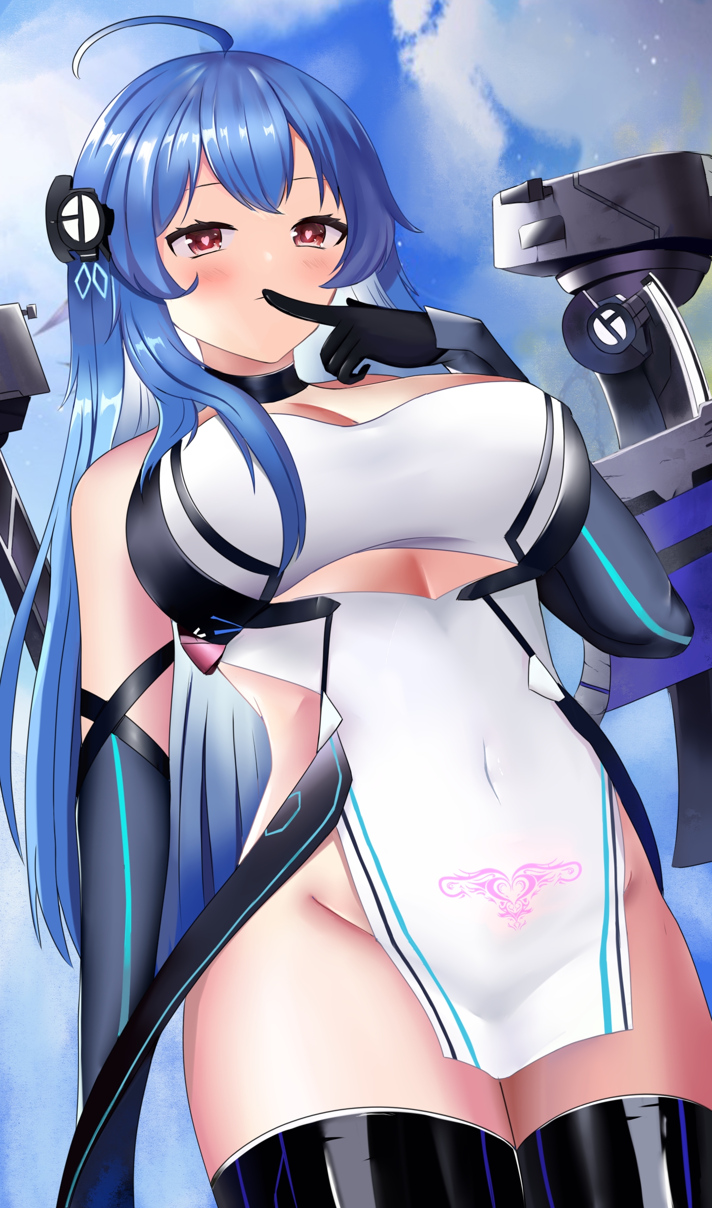 1girls, azur lane, bare thighs, blue hair, breasts, female, finger to mouth, from below, heart-shaped pupils, helena meta (azur lane), large breasts, long hair, looking at viewer, looking down, pubic tattoo, red eyes, solo, solo female, tattoo, thighhighs, very long hair, zdj